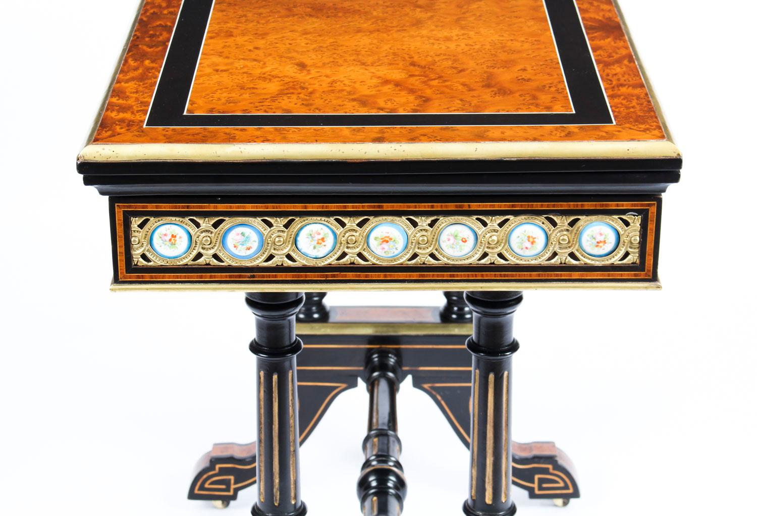 Antique Amboyna Card Table with Porcelain Plaques, 19th Century 1