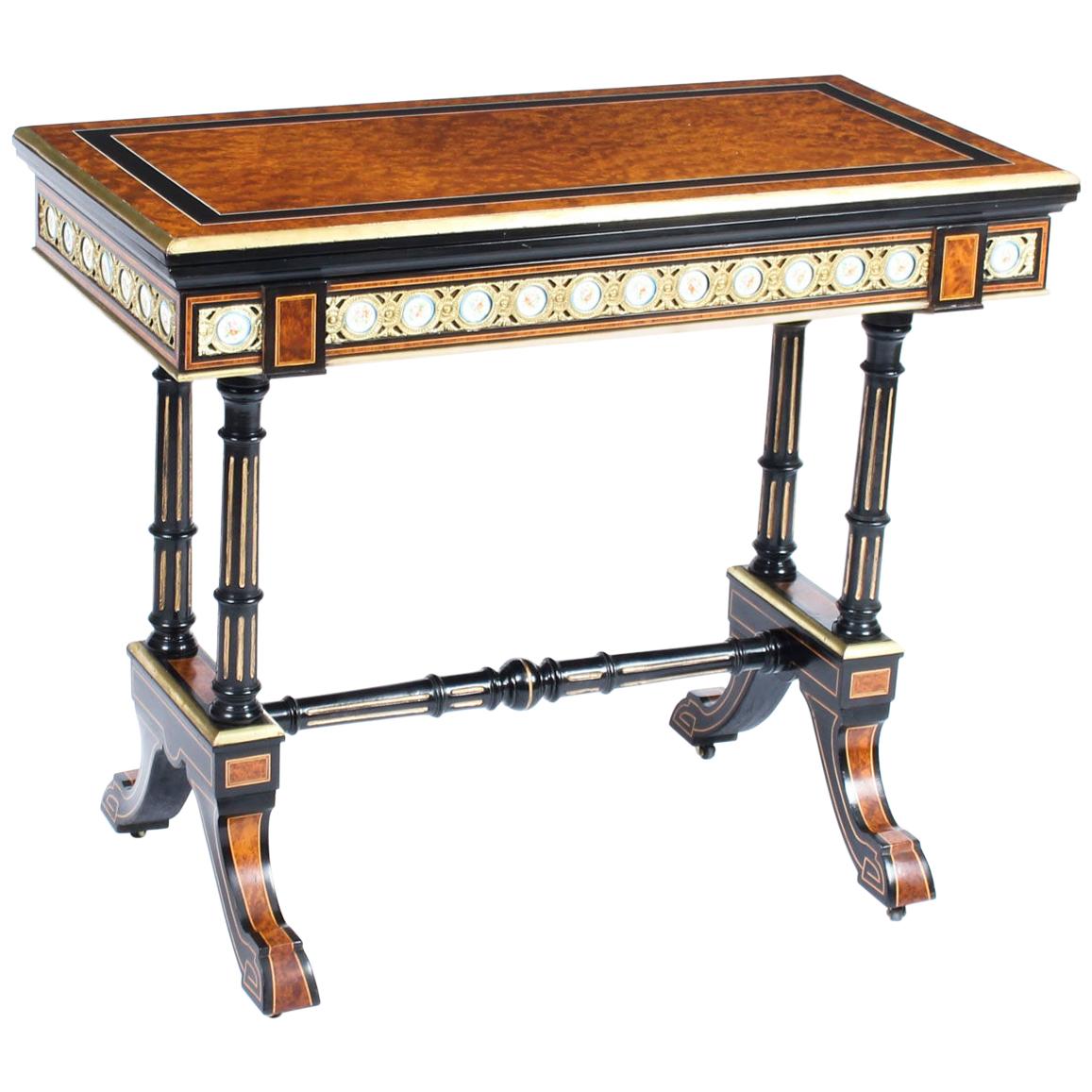 Antique Amboyna Card Table with Porcelain Plaques, 19th Century