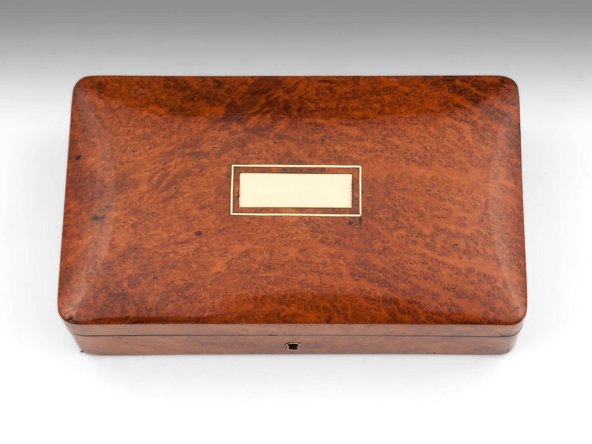 British Antique Amboyna Velvet Lined Richard Wathew Jewelry Box, 19th Century