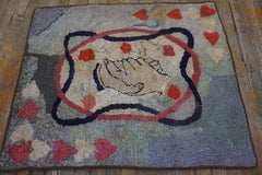 1930s Peace Love Gray Red Antiqu American Hooked Rug 2'9" x 3'4" Folk Art Carpet