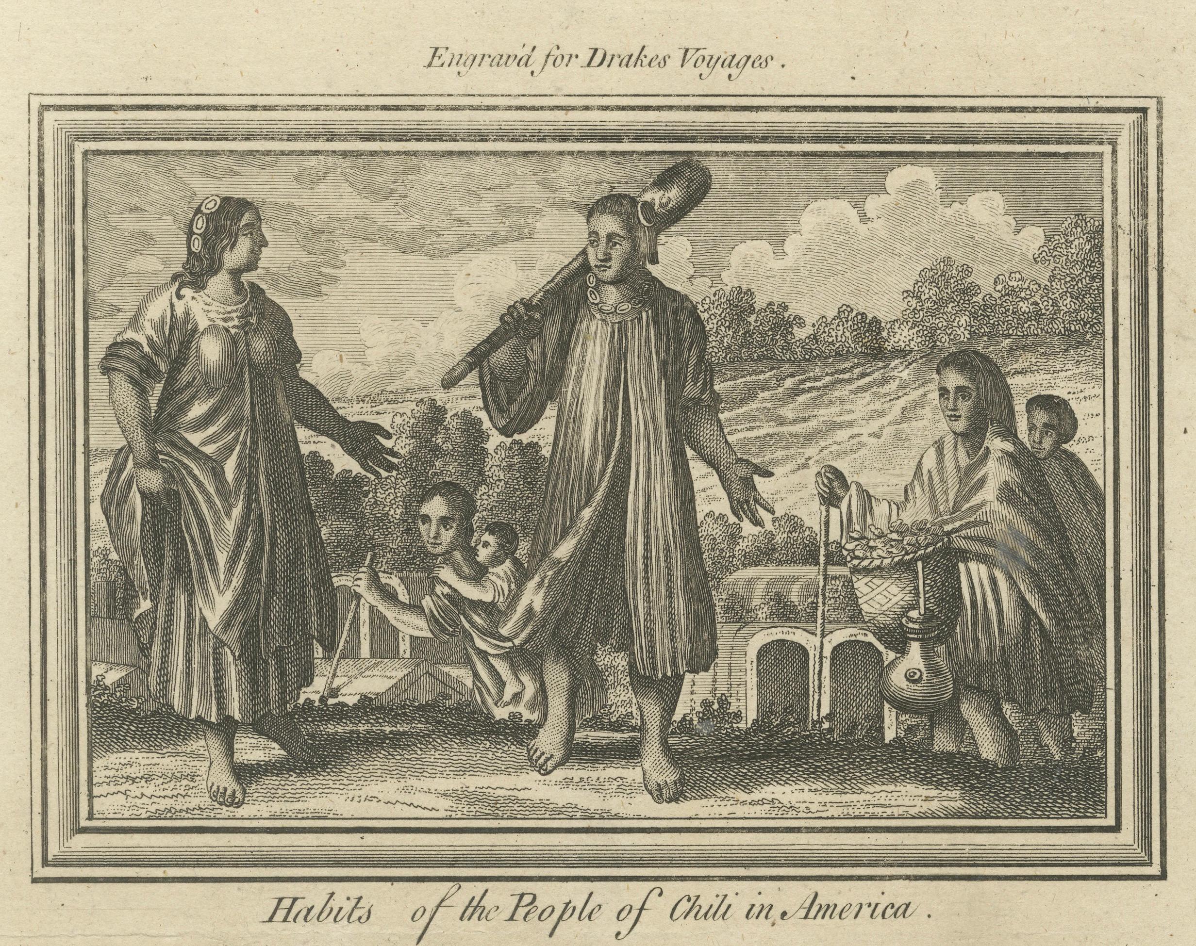 Antique America Engraving Chile Natives & Guatemala Serpents Drake, 1771