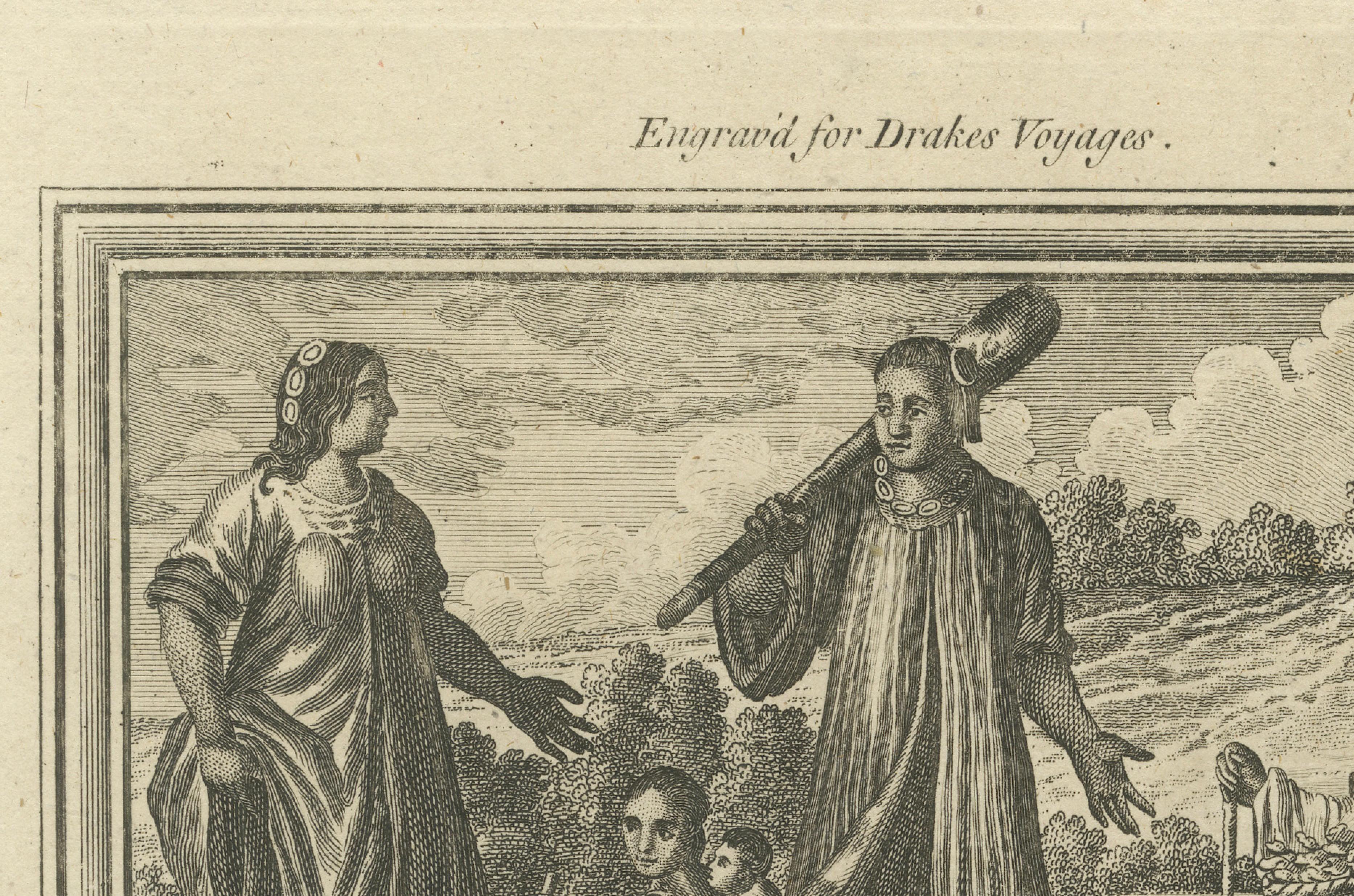Antique America Engraving Chile Natives & Guatemala Serpents Drake, 1771