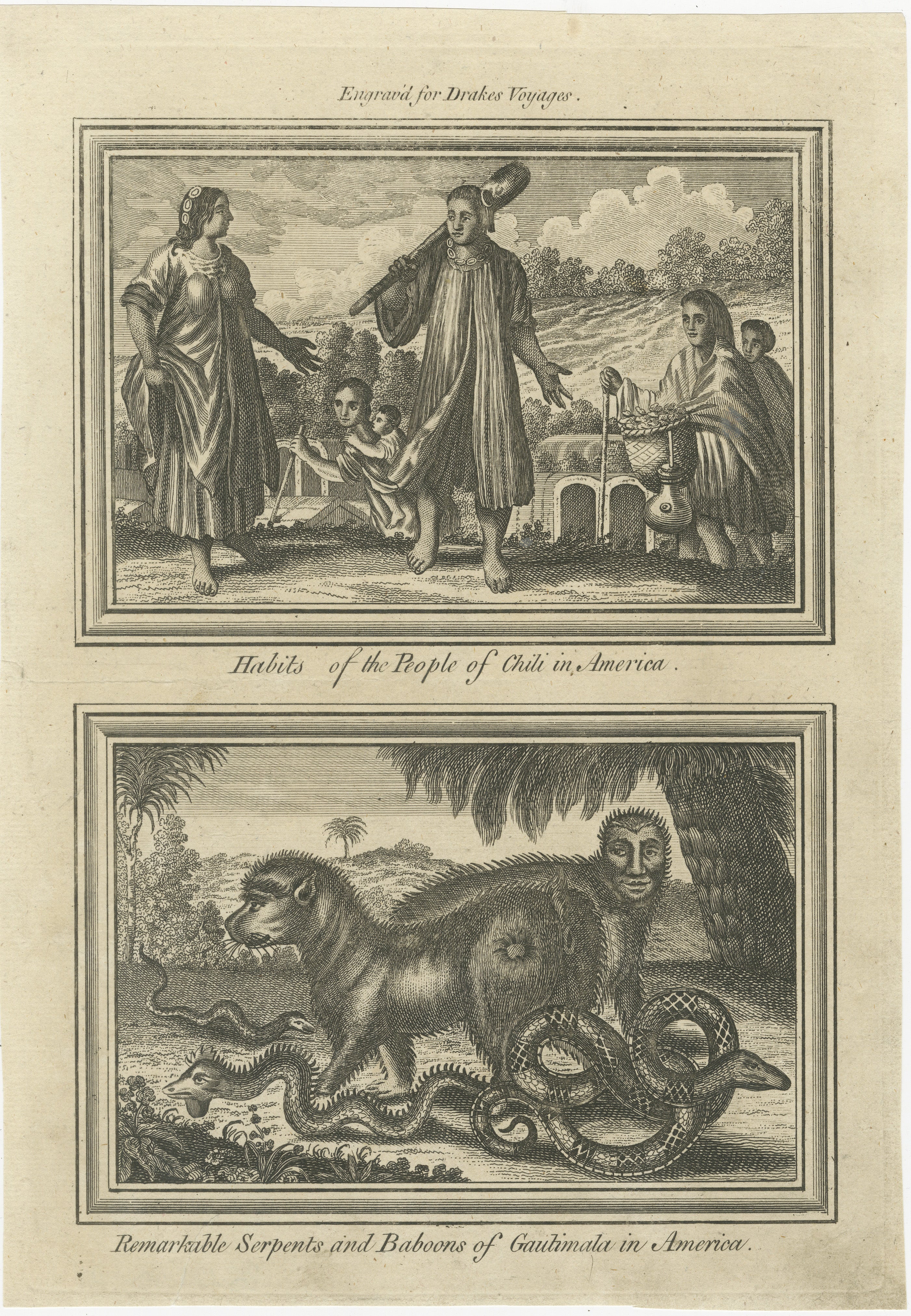 Antique America Engraving Chile Natives & Guatemala Serpents Drake, 1771 For Sale