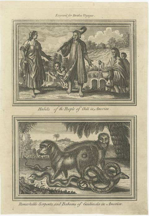 Antique America Engraving Chile Natives & Guatemala Serpents Drake, 1771