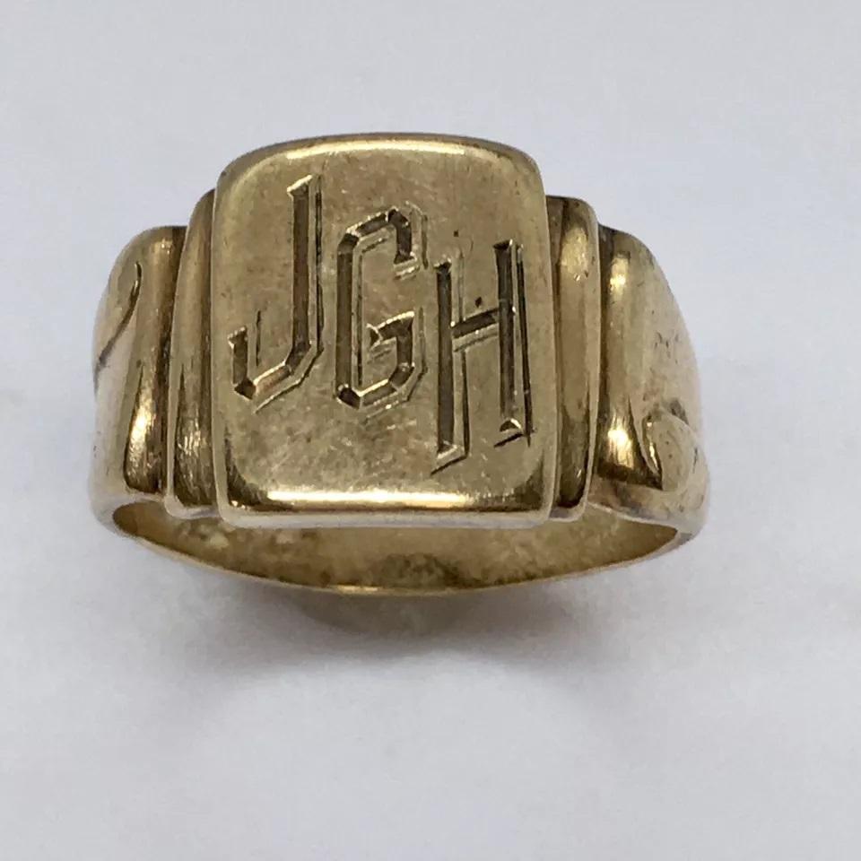 Antique American 10K GOLD SIgnet RIng 5.6 Gram Size 11 Engraved JGH For Sale 4