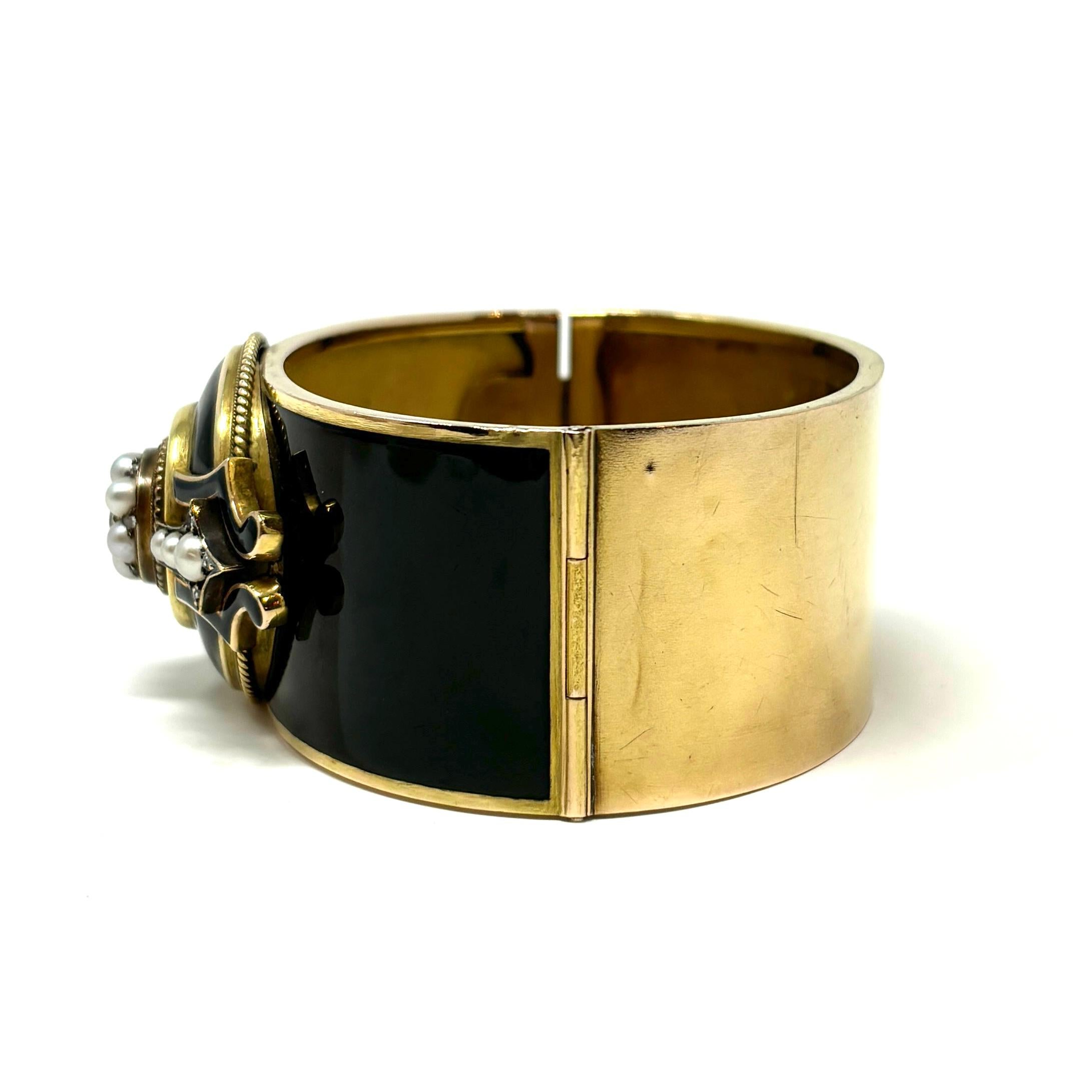 Victorian Antique American 14K Gold Enamel, Pearl and Diamond Bangle For Sale