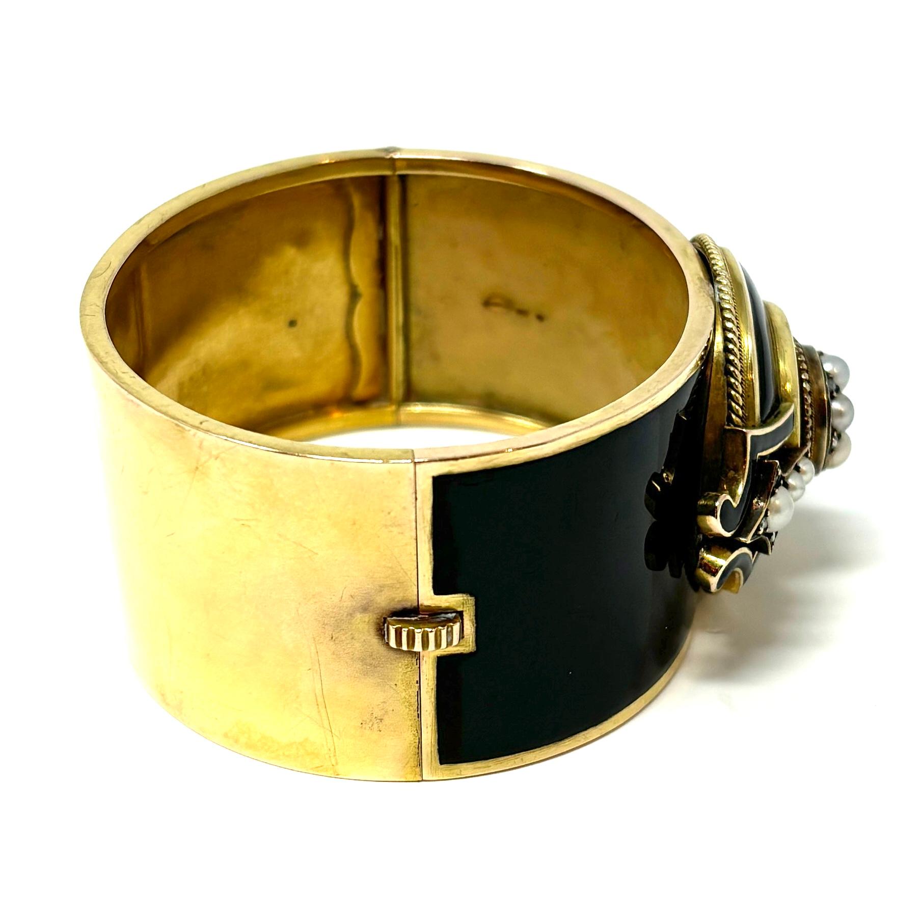 Antique American 14K Gold Enamel, Pearl and Diamond Bangle In Good Condition For Sale In New Orleans, LA
