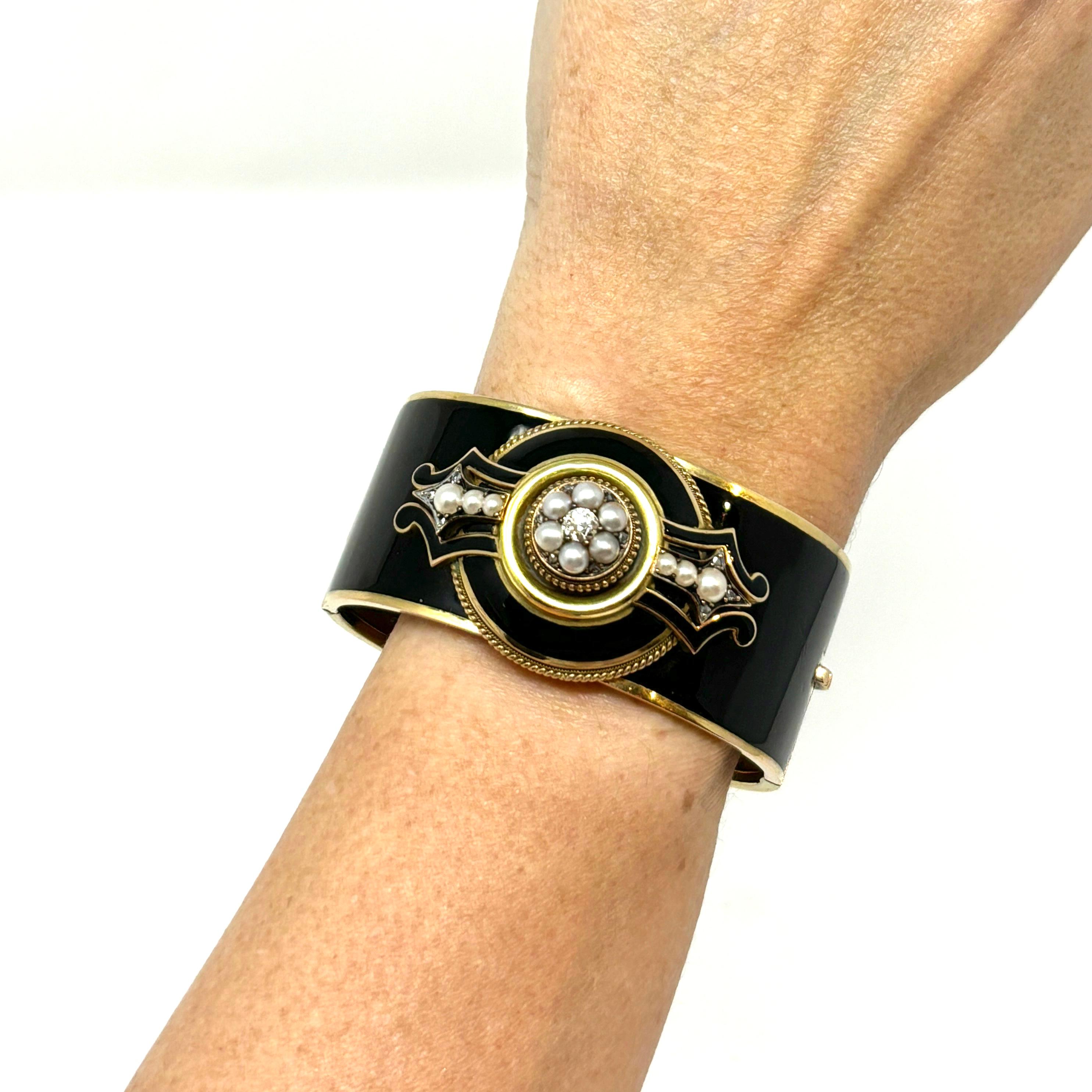 Antique American 14K Gold Enamel, Pearl and Diamond Bangle For Sale 3