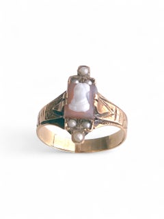 Antique American 14K Rolled Gold Rectangular Shell Cameo Ring with Seed Pearls