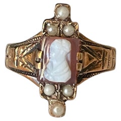Antique American 14K Rolled Gold Rectangular Shell Cameo Ring with Seed Pearls