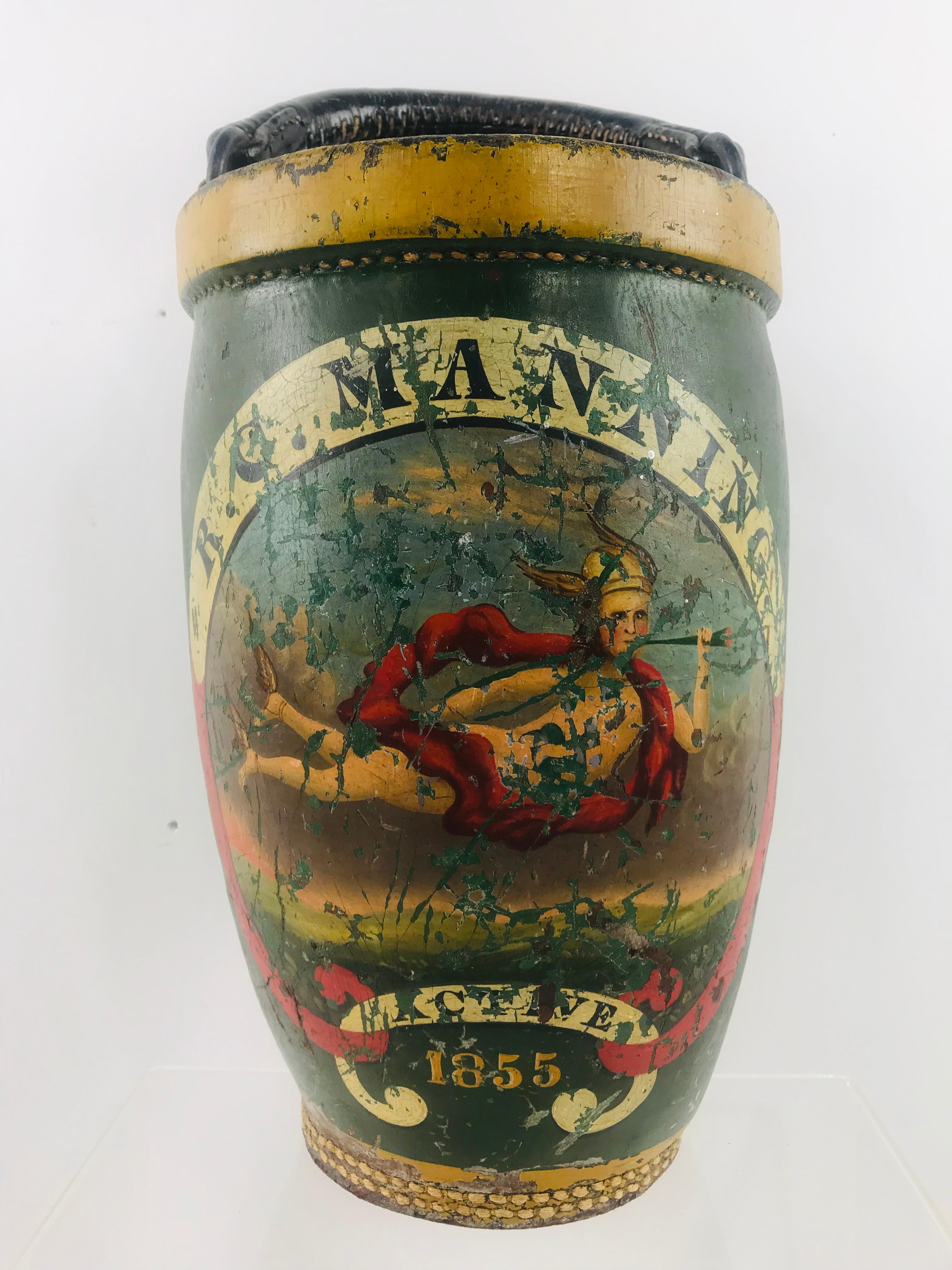 Hand-Crafted Antique American 1855 Painted Leather Fire Bucket for R.C. Manning