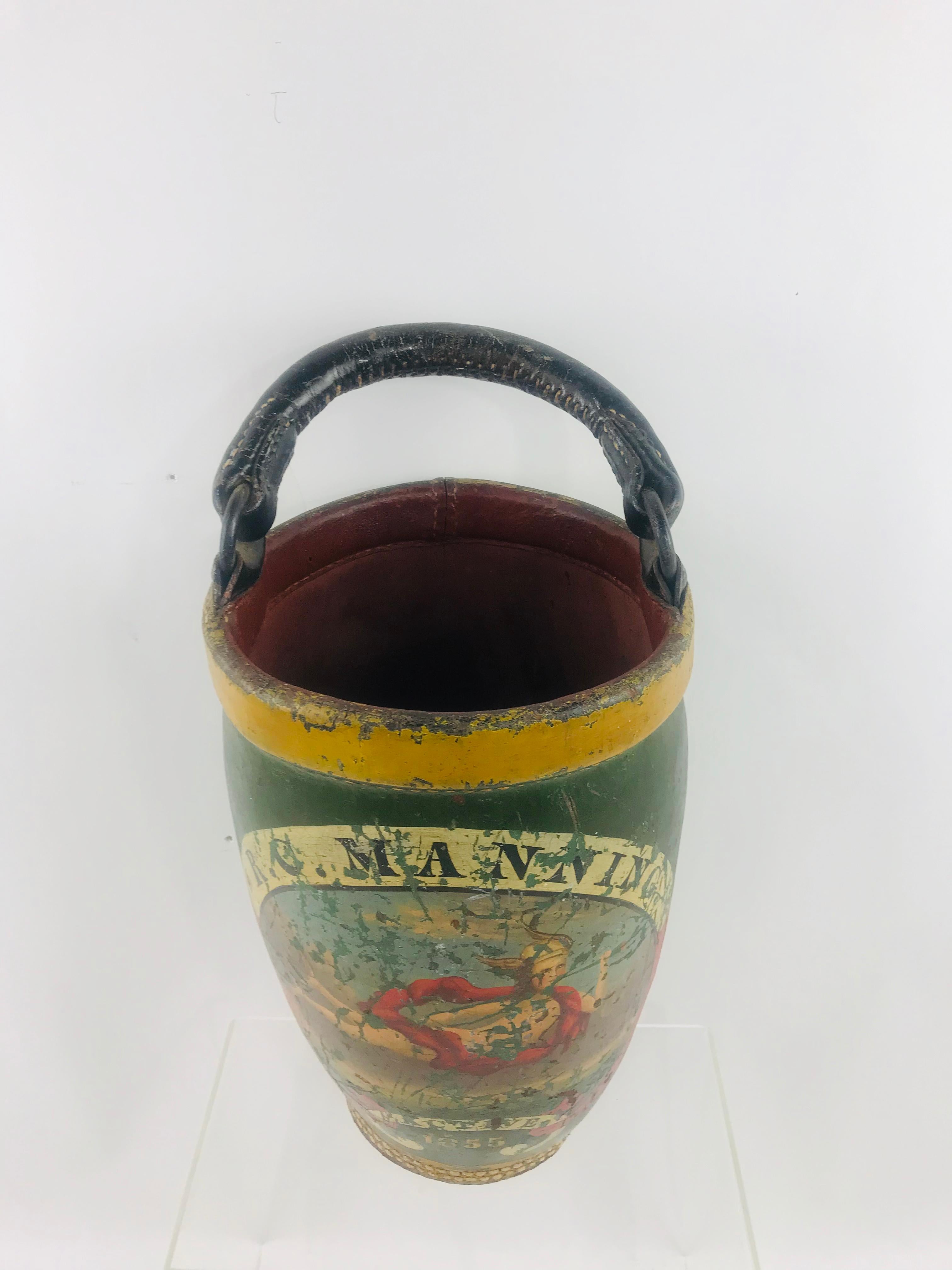 Antique American 1855 Painted Leather Fire Bucket for R.C. Manning In Good Condition In Plymouth, MA