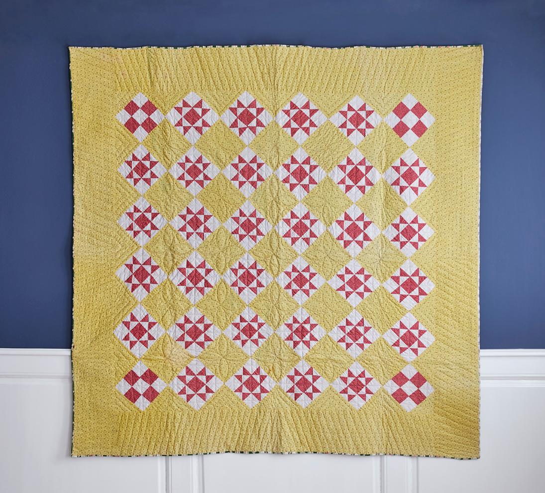 Antique yellow, white and pink “Lone Star” quilt.

This charming cotton 1880s-1890s eight point star quilt is hand pieced and hand quilted, with unusual 9-patch corner blocks and a cheery yellow calico background. 

Measures: H 181 x W 181 cm.