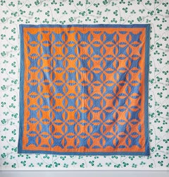 Antique American 1890s "Nine Patch" Patchwork Quilt in Orange and Blue Patterns