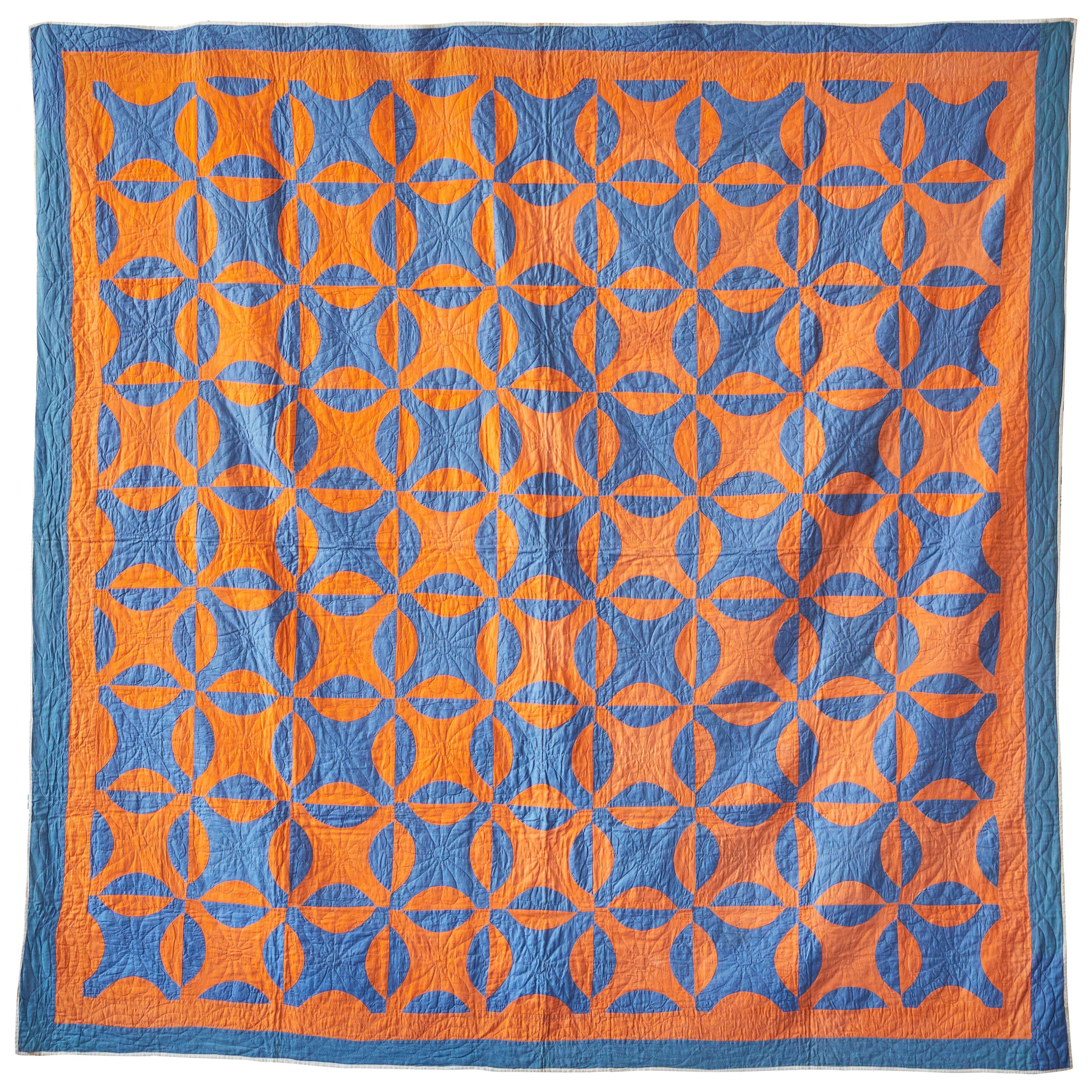 Antique American 1890s "Nine Patch" Patchwork Quilt in Orange and Blue Patterns