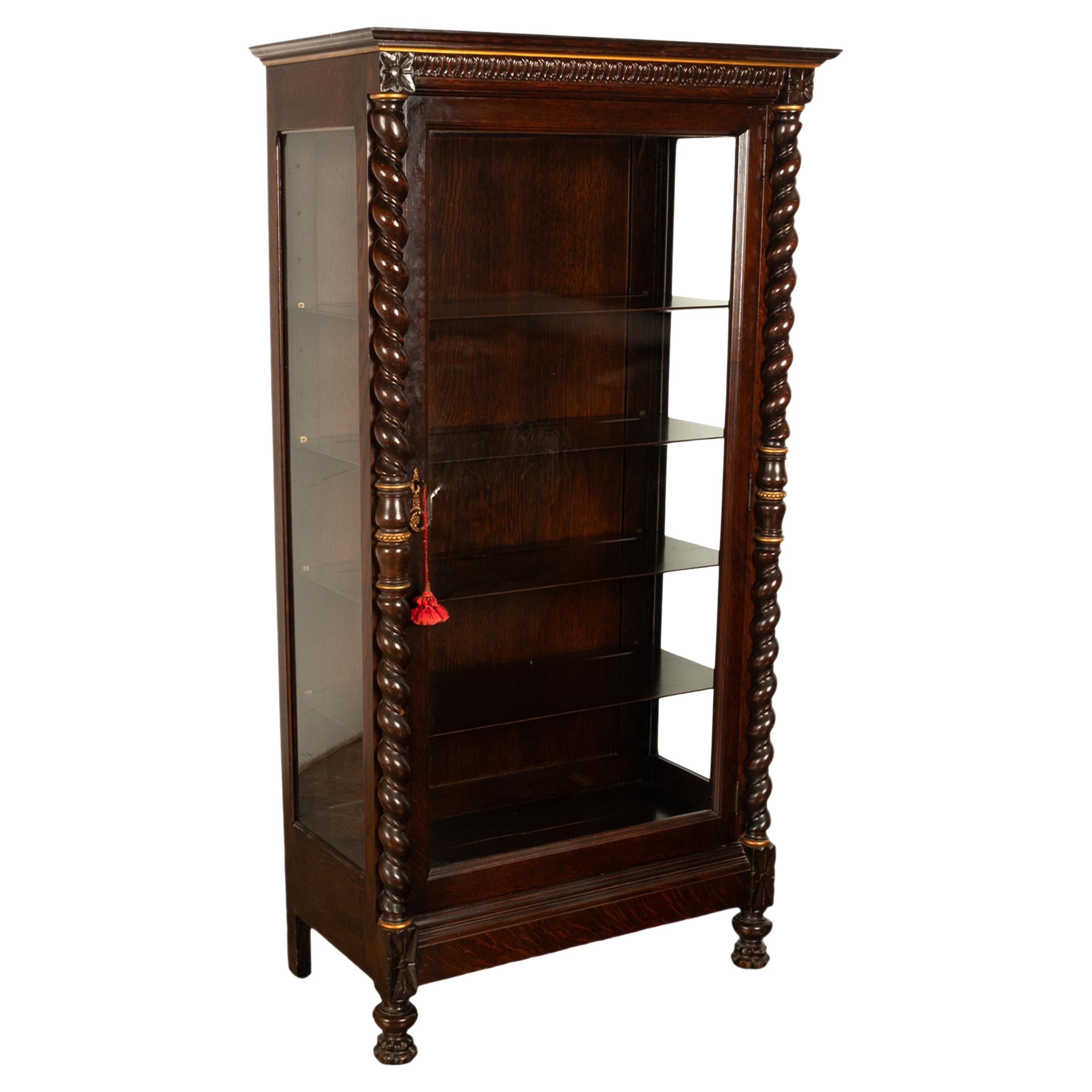 American Craftsman Antique American 19th Century Oak Barley Twist Display Case China Cabinet Hutch