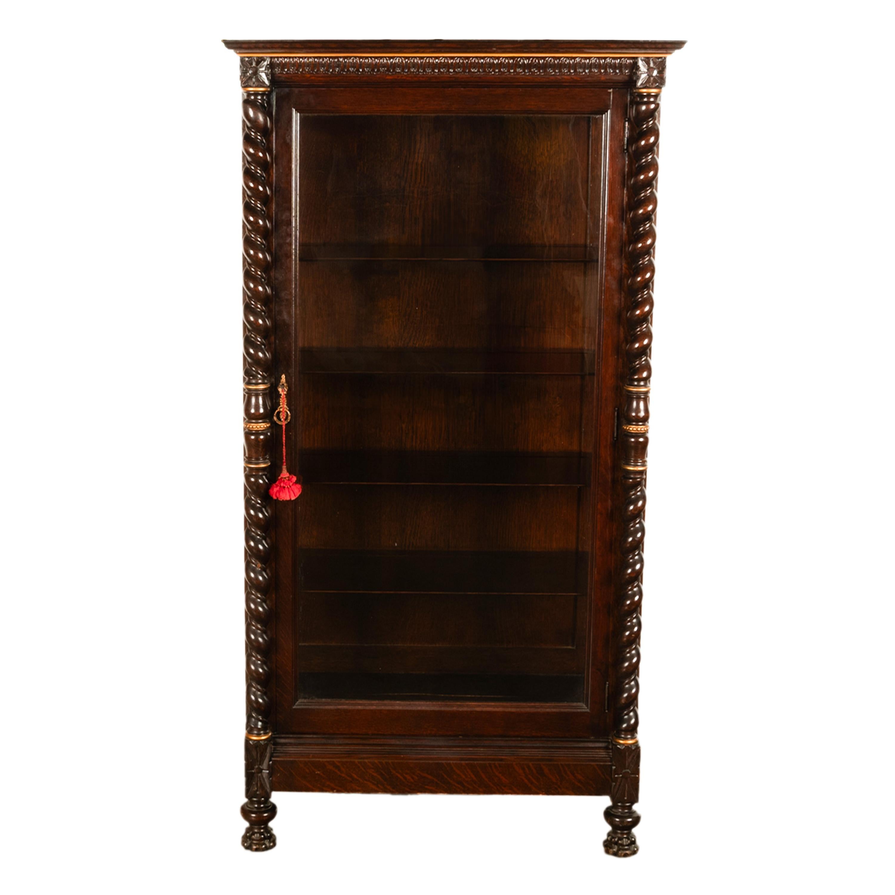 English Antique American 19th Century Oak Barley Twist Display Case China Cabinet Hutch