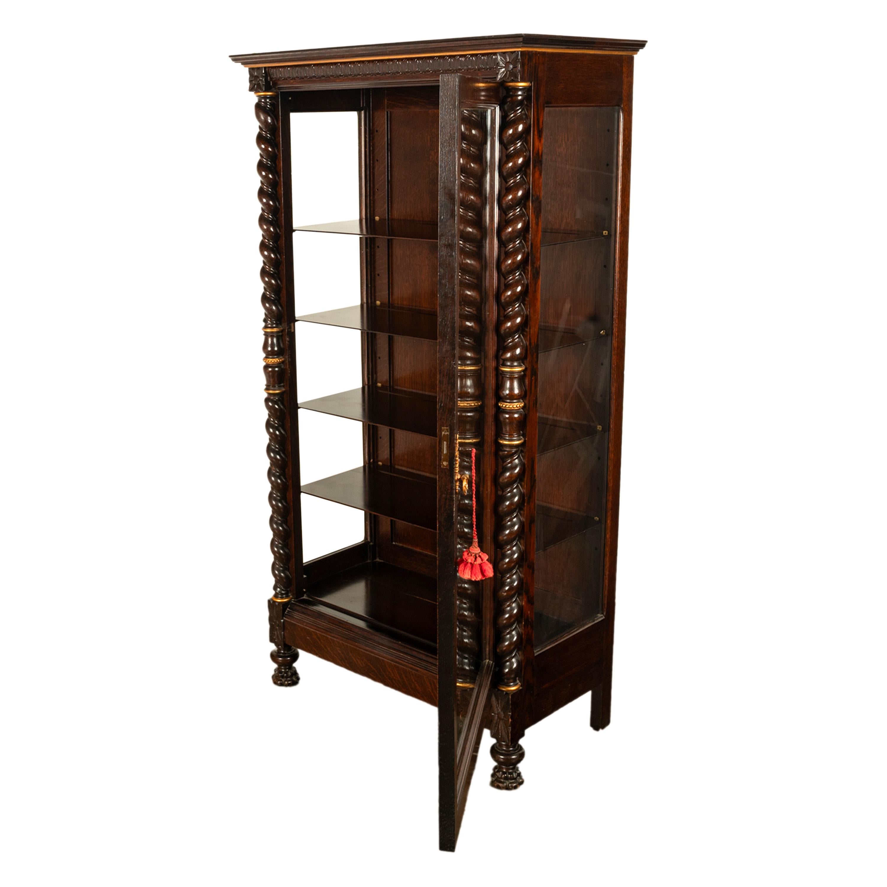 Antique American 19th Century Oak Barley Twist Display Case China Cabinet Hutch In Good Condition In Portland, OR