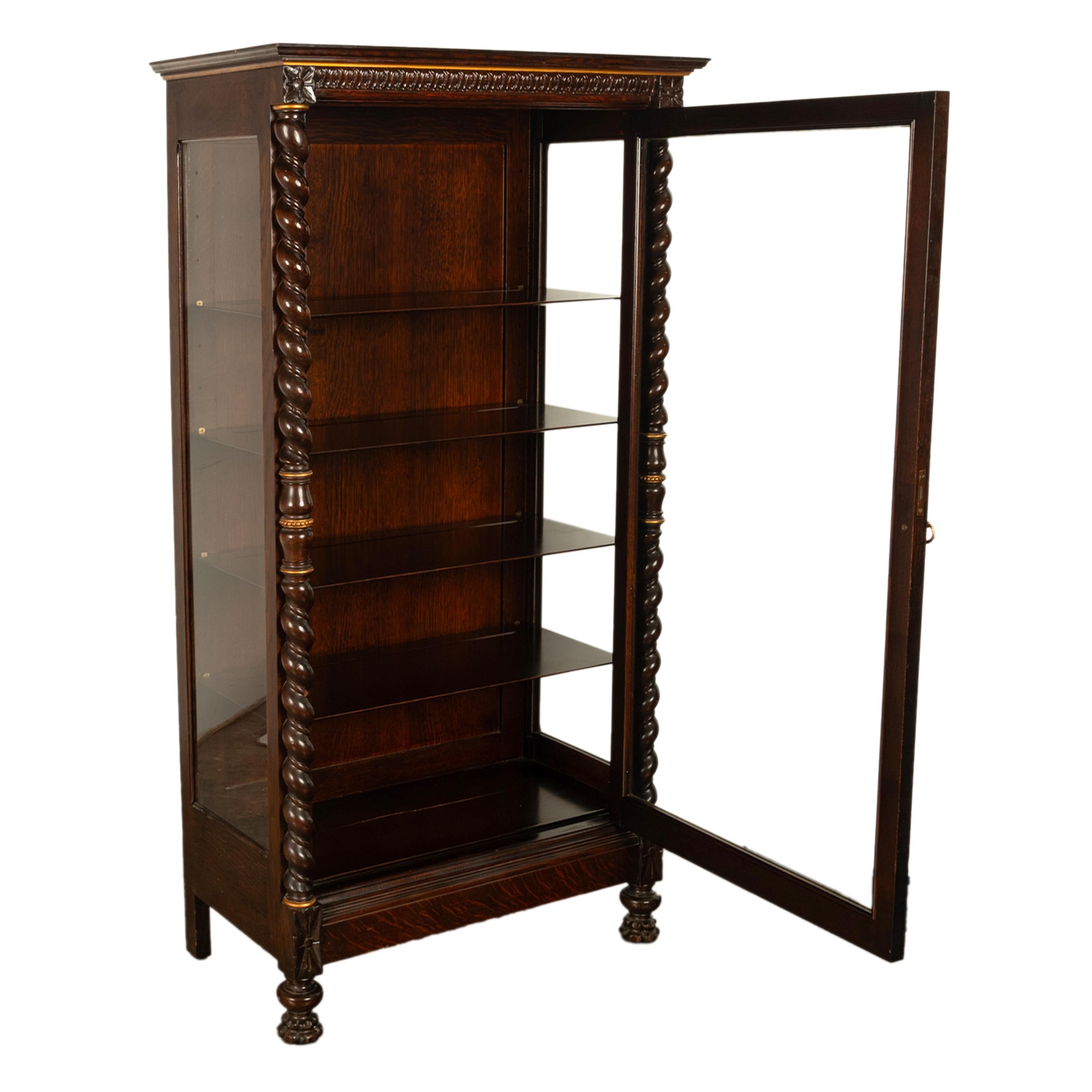 Glass Antique American 19th Century Oak Barley Twist Display Case China Cabinet Hutch