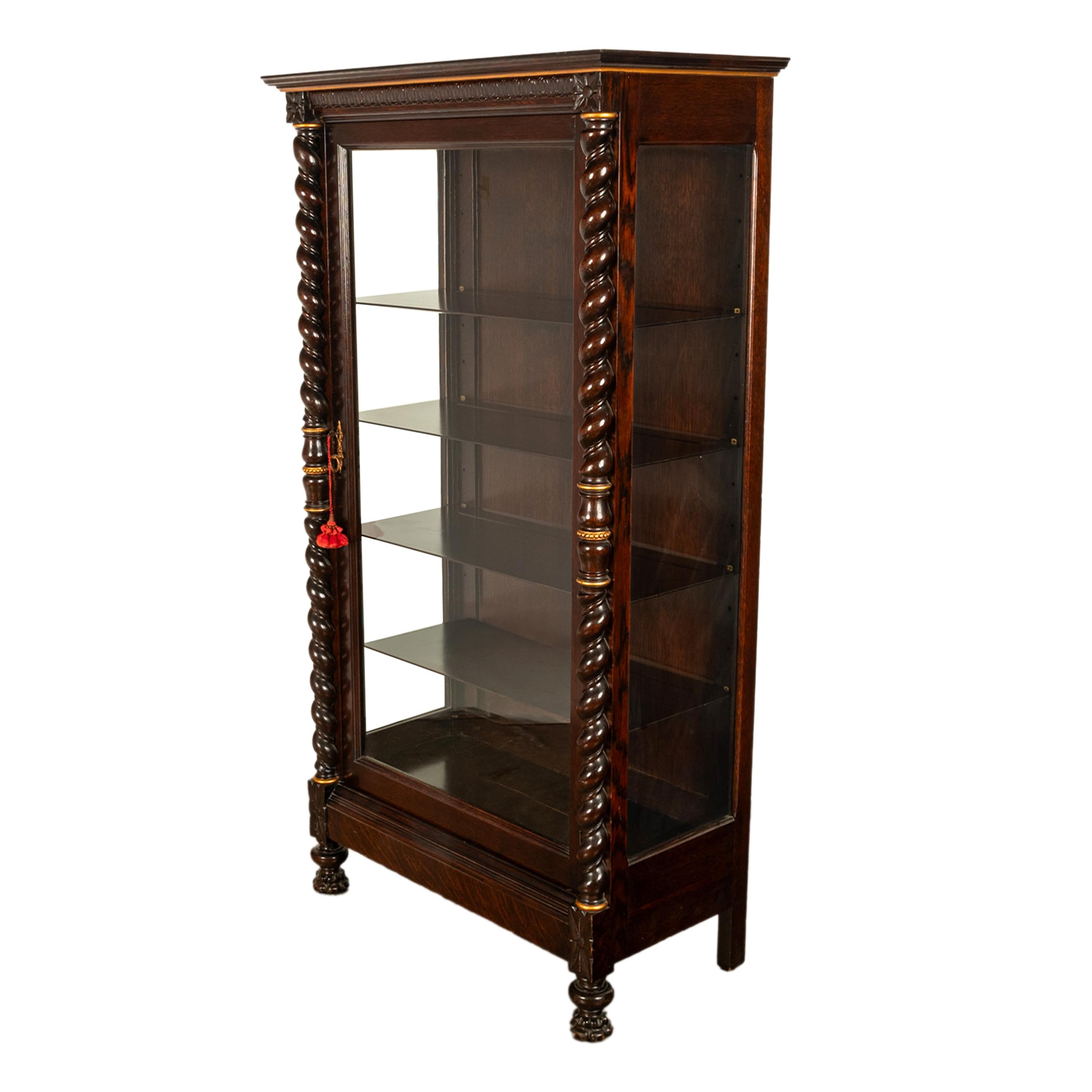 Antique American 19th Century Oak Barley Twist Display Case China Cabinet Hutch 2