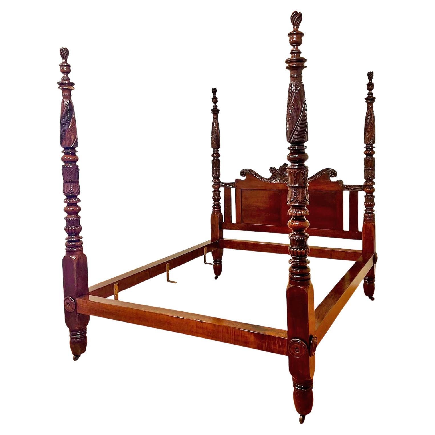 Period Antique Federal American 4 poster bed in West Indies mahogany, c. 1820. A fine example of a Southern bed featuring carved tobacco and acanthus leaves in a fine tight grained Cuban mahogany. All original without any restoration including