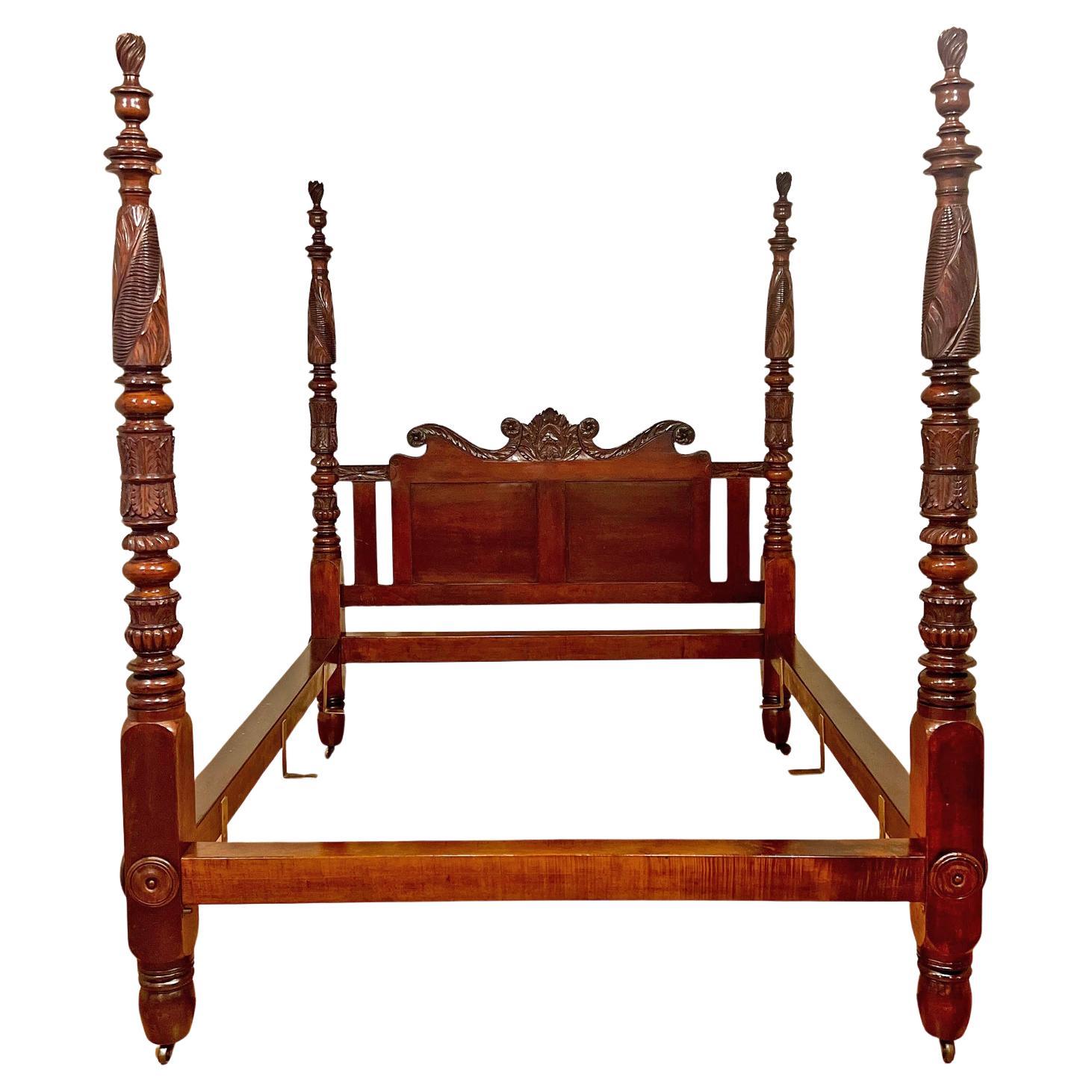 Antigua cama sureña americana de 4 postes tallada en acanto en caoba, c. 1820