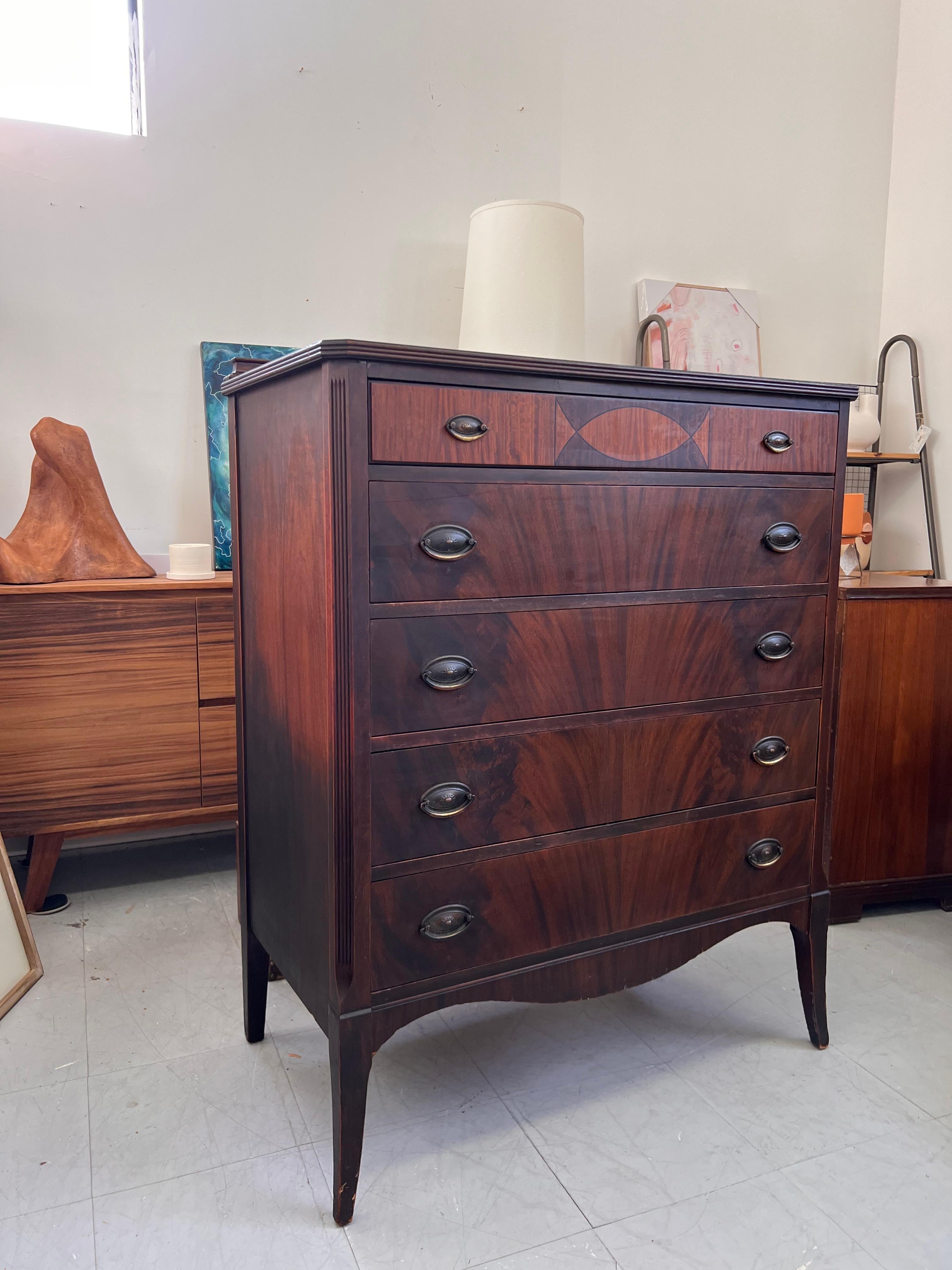 Antique American 5 Drawer Dresser or Chest with Flame Mahogany Wooden Drawer In Good Condition For Sale In Seattle, WA
