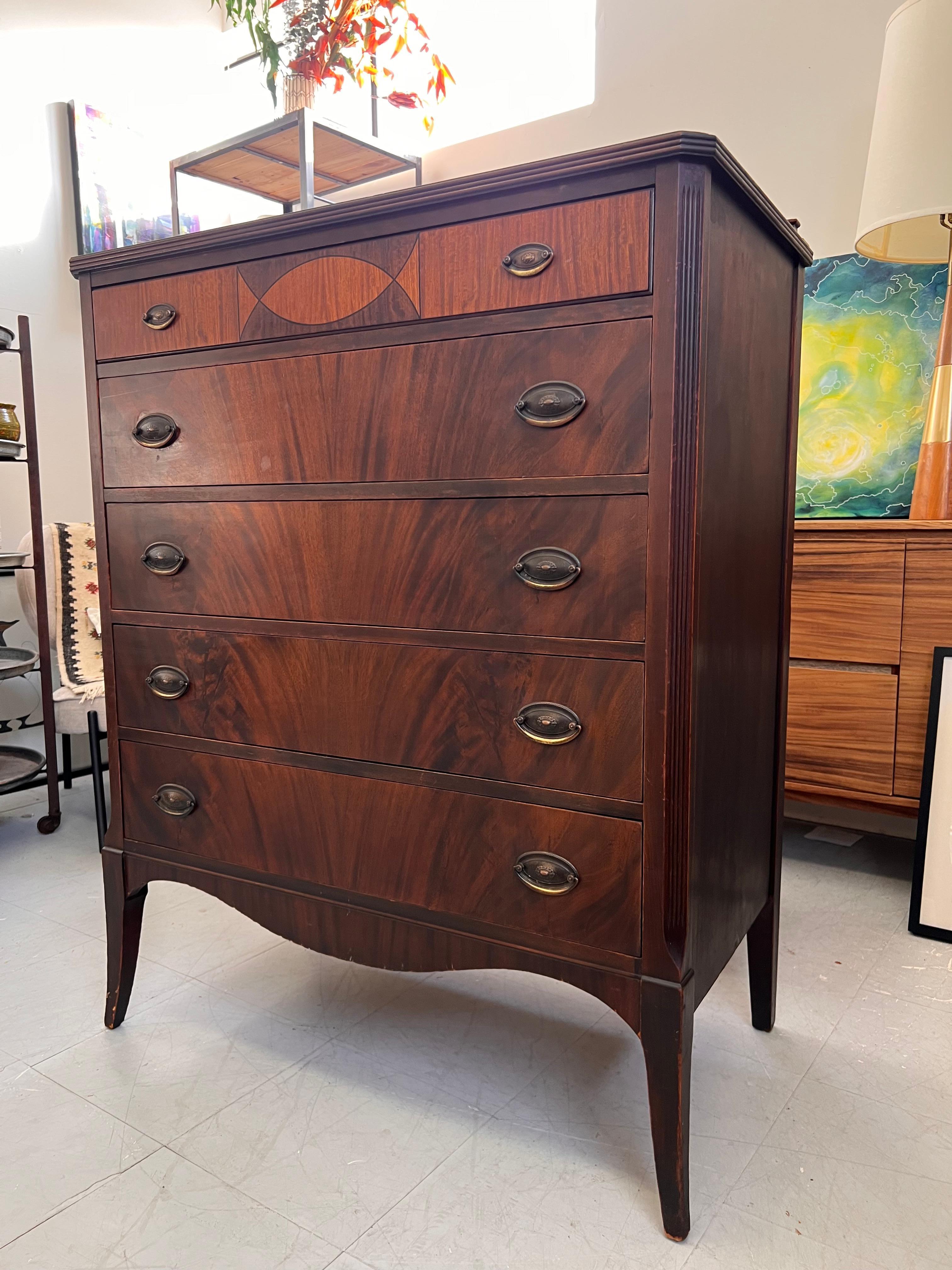 Late 20th Century Antique American 5 Drawer Dresser or Chest with Flame Mahogany Wooden Drawer For Sale