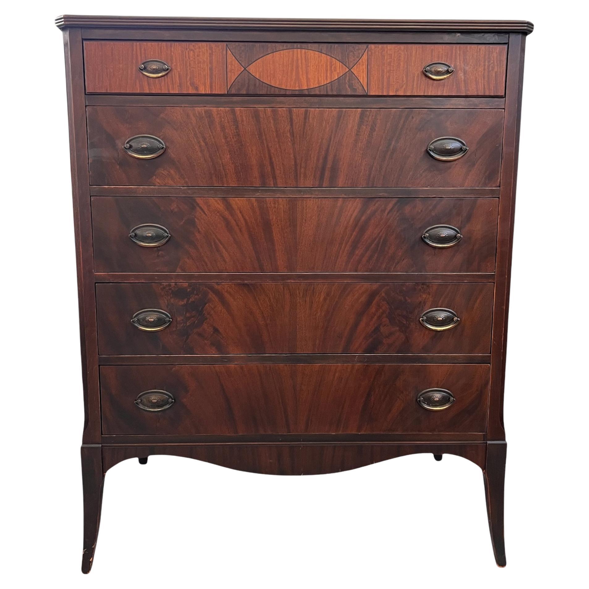 Antique American 5 Drawer Dresser or Chest with Flame Mahogany Wooden Drawer
