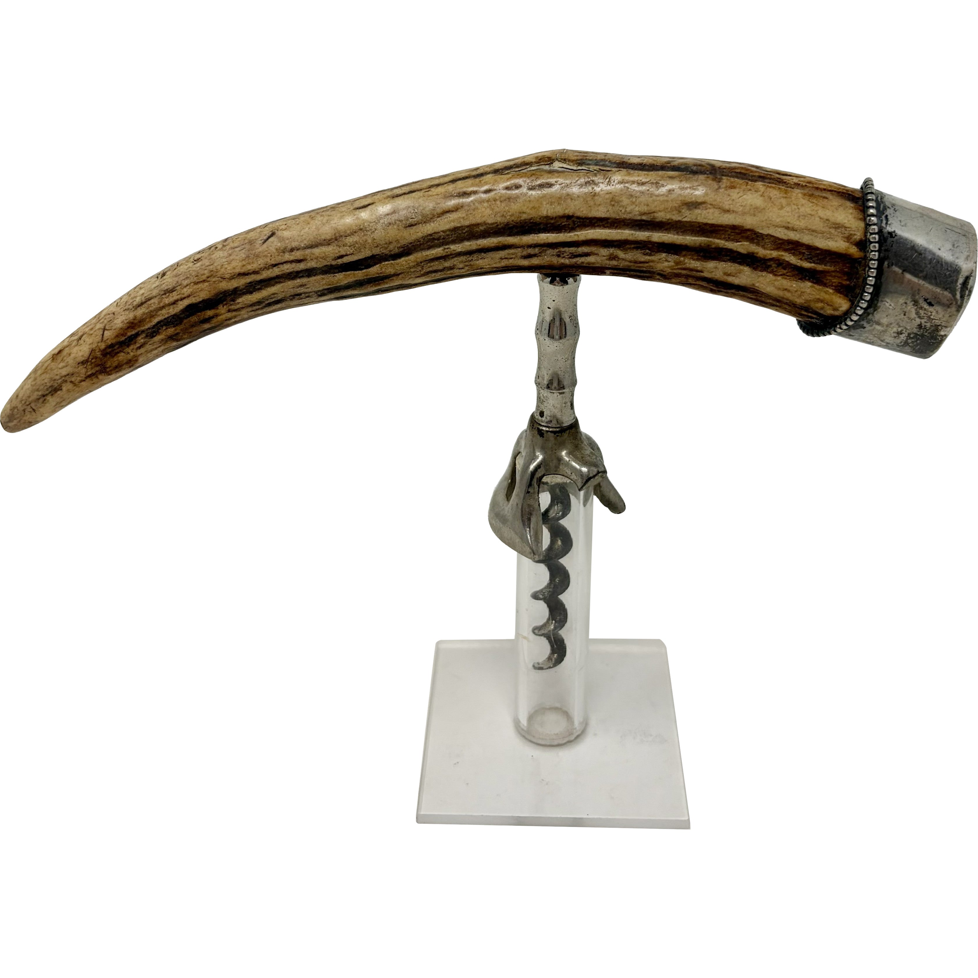 Antique American Antler Corkscrew with Sterling Silver Mount Circa 1900 For Sale
