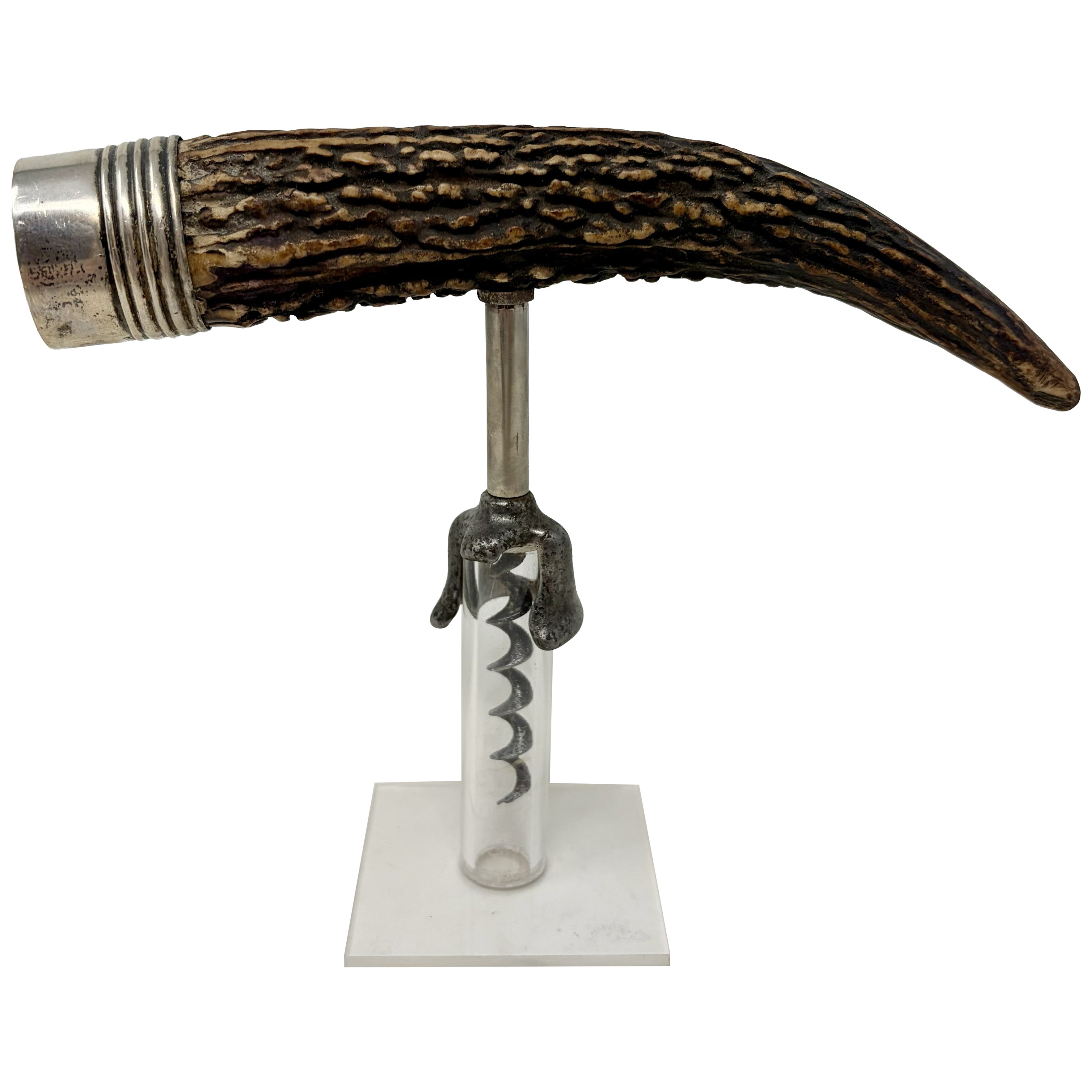 Antique American Antler Corkscrew with Sterling Silver Mounts, Circa 1880's For Sale