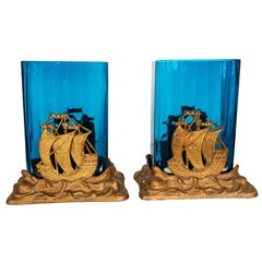 Antique American Art Deco Brass Glass Vases Ship Bookends Bradley & Hubbard 1925