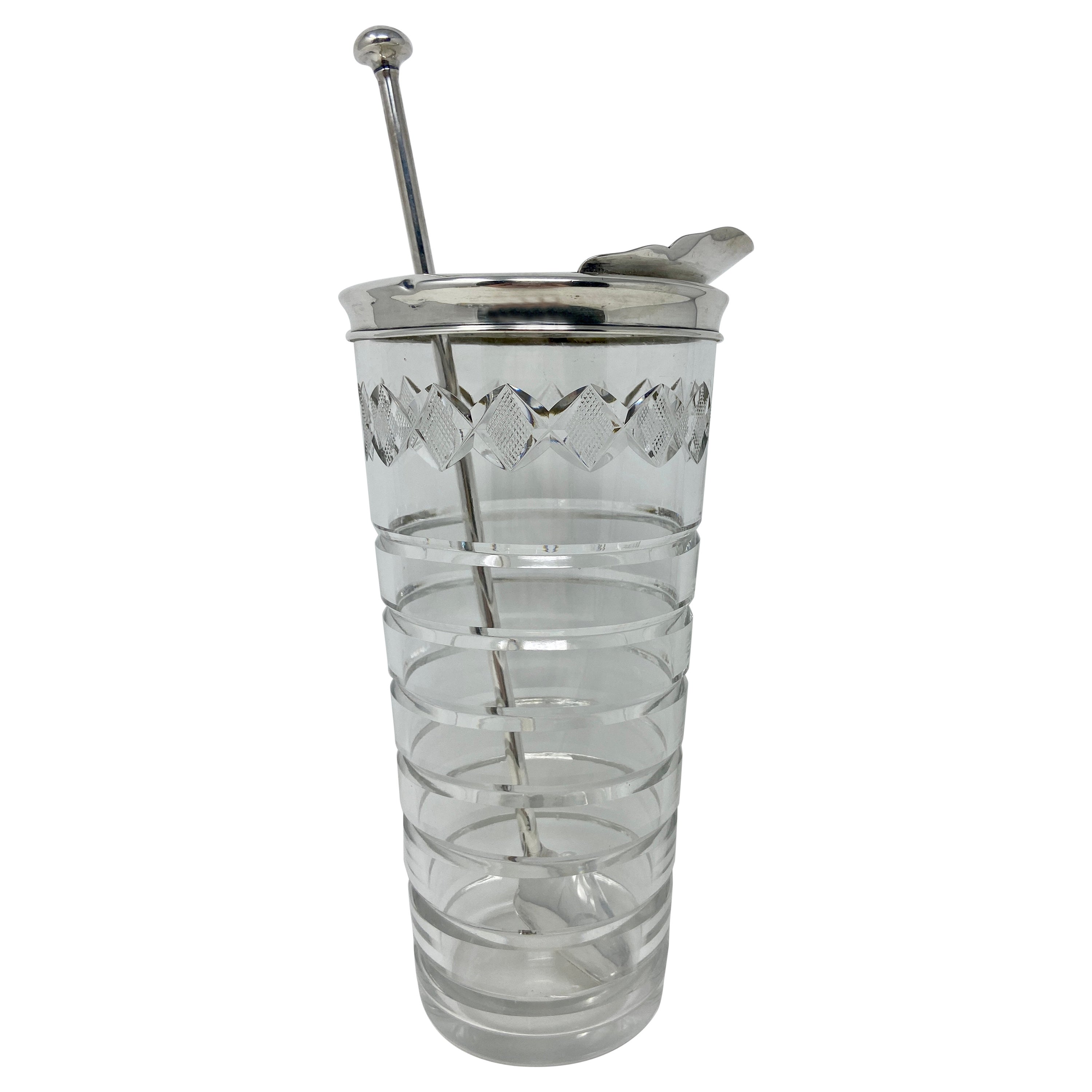 Antique American Art Deco Cut Crystal Cocktail Shaker w/ Sterling Bar Spoon