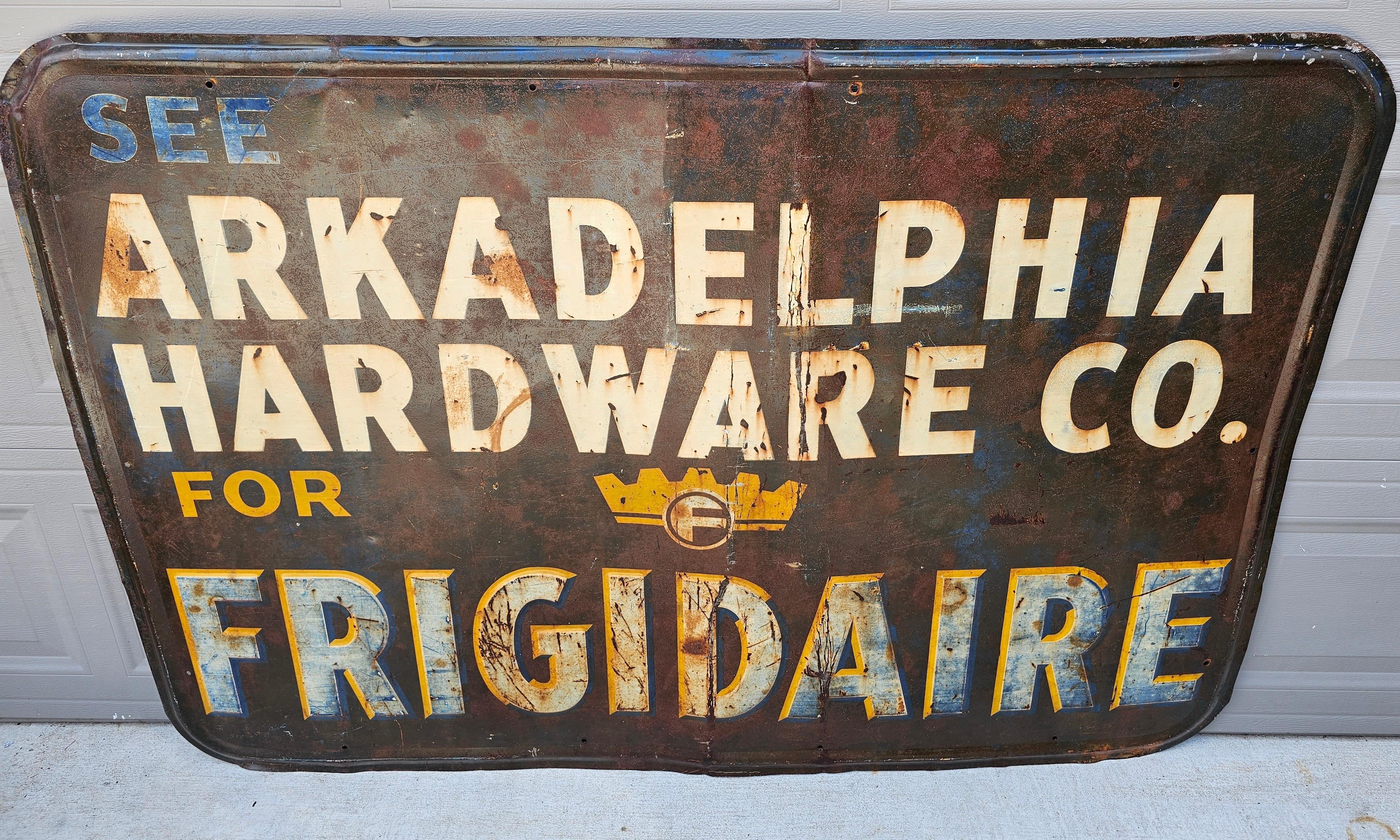 Antique American Art Deco Early Frigidaire Metal Advertising Sign In Fair Condition For Sale In Forney, TX