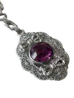 Antique American Art Deco Filigree Necklace with Pink Glass and Bow Motifs, circ