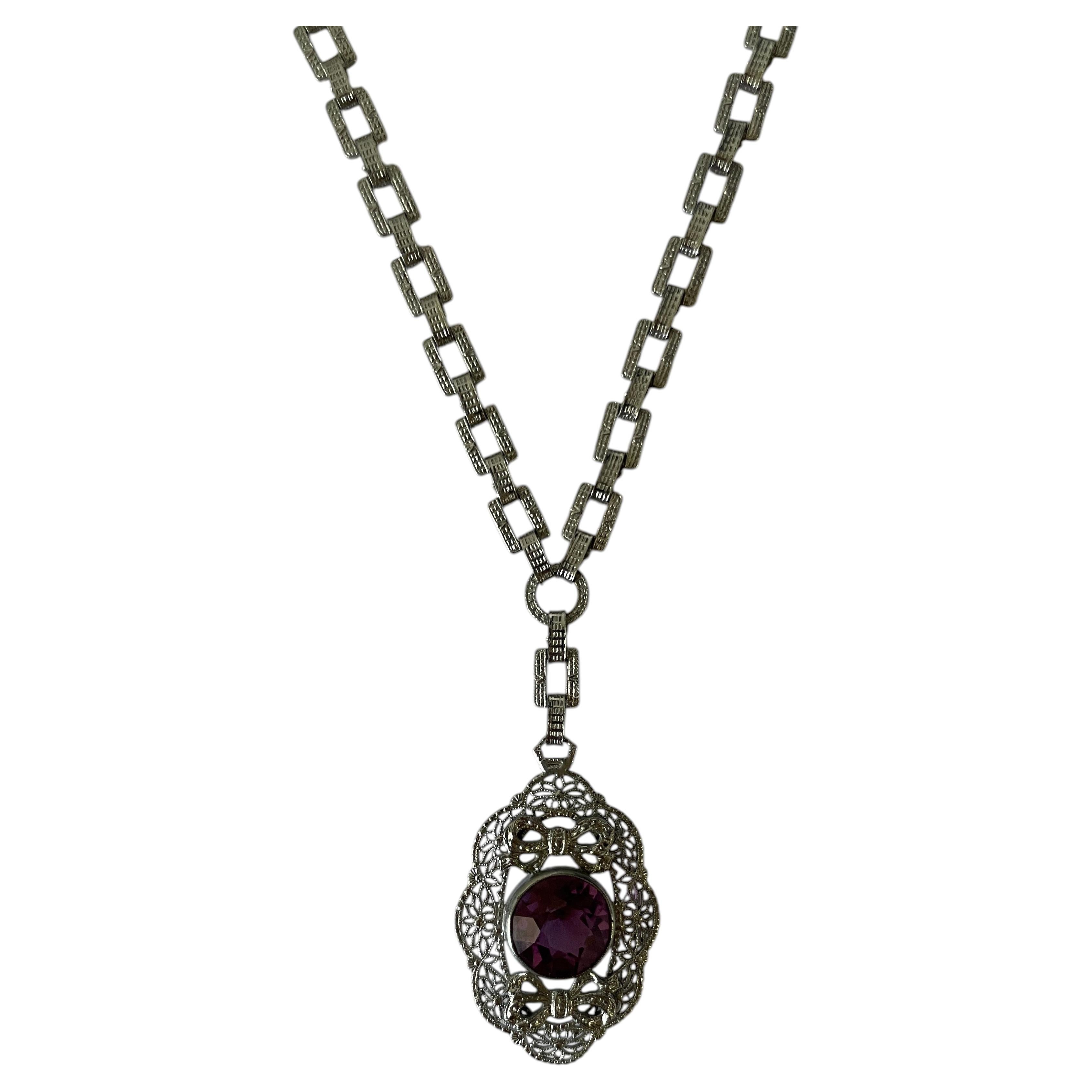 Antique American Art Deco Filigree Necklace with Pink Glass and Bow Motifs