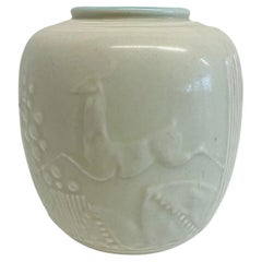 Antique American Art Deco Rookwood Pottery Cream Color Leaping Gazelle Vase 1934
