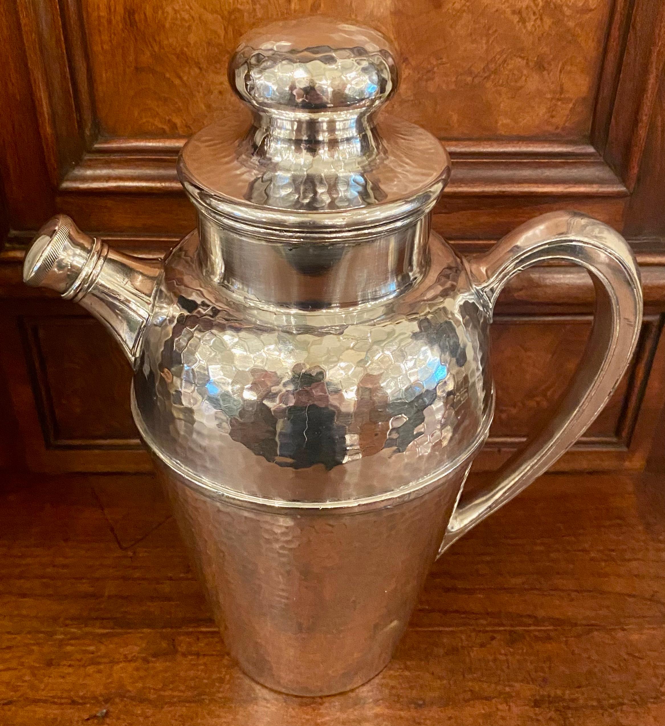 Antique American Art Deco silver-plated cocktail shaker pitcher, signed by 