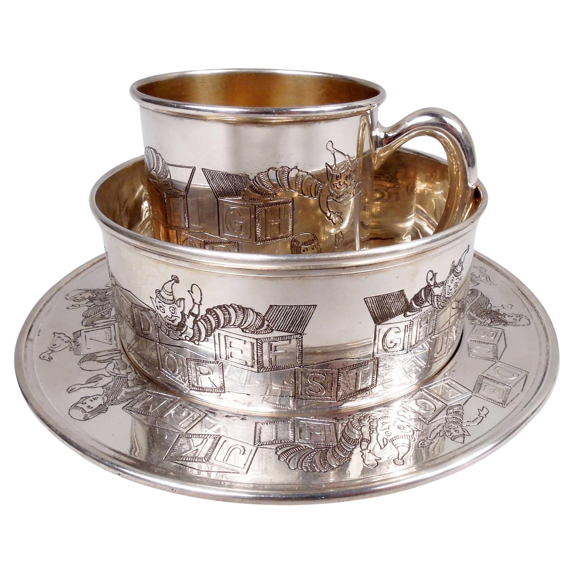 Antikes amerikanisches 3-teiliges Baby-Set aus Sterlingsilber im Art déco-Stil