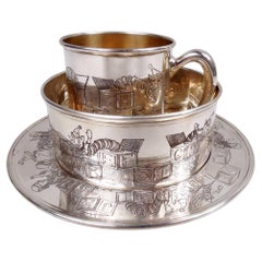 Antique American Art Deco Sterling Silver 3-Piece Baby Set