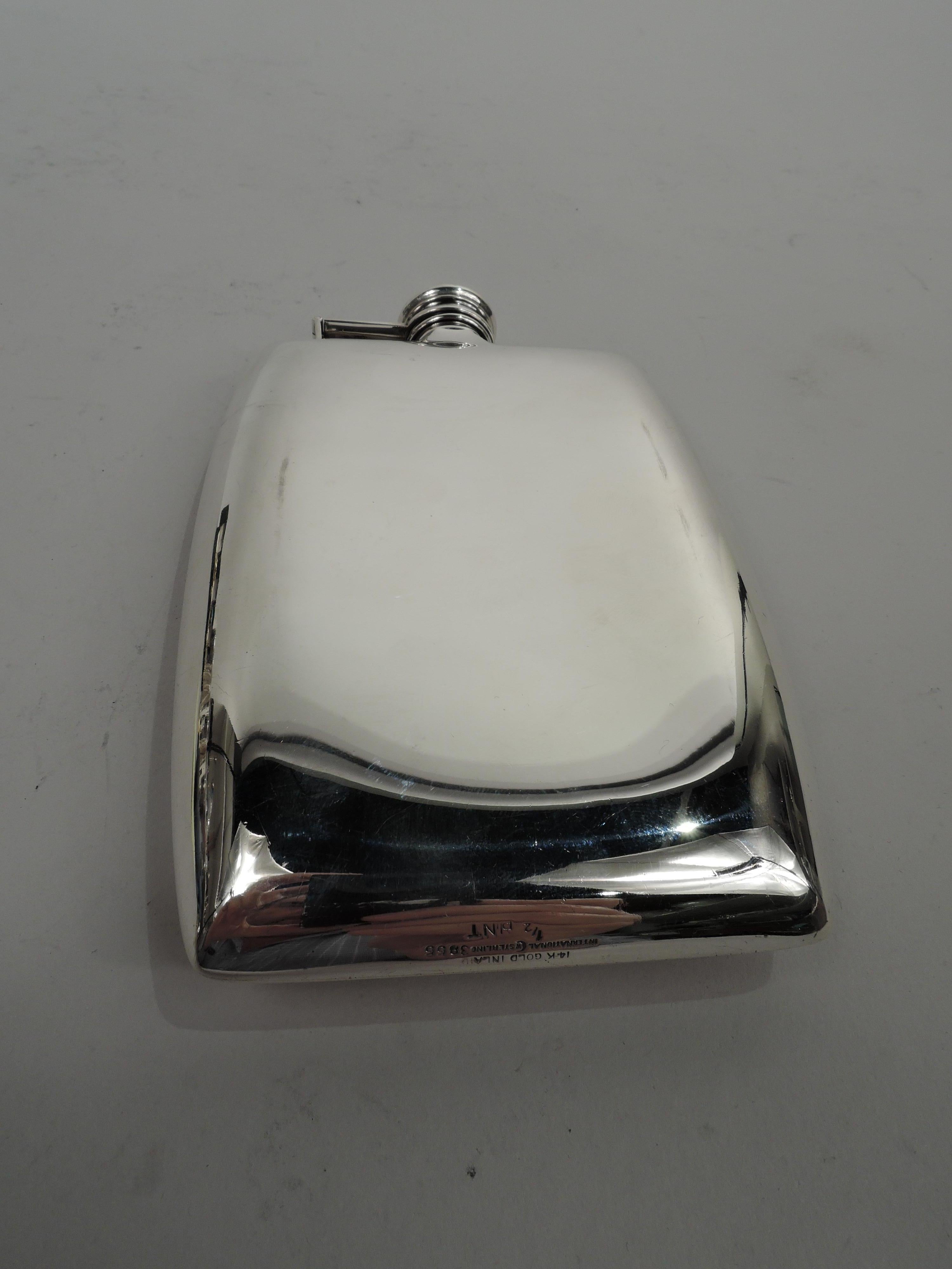 Art Deco sterling silver flask. Made by Watrous (part of International) in Wallingford, Conn., ca 1920. Rectangular with curved sides and gently concave back. On front engine-turned inlaid stripes in pink and yellow gold, and barrel-shaped frame