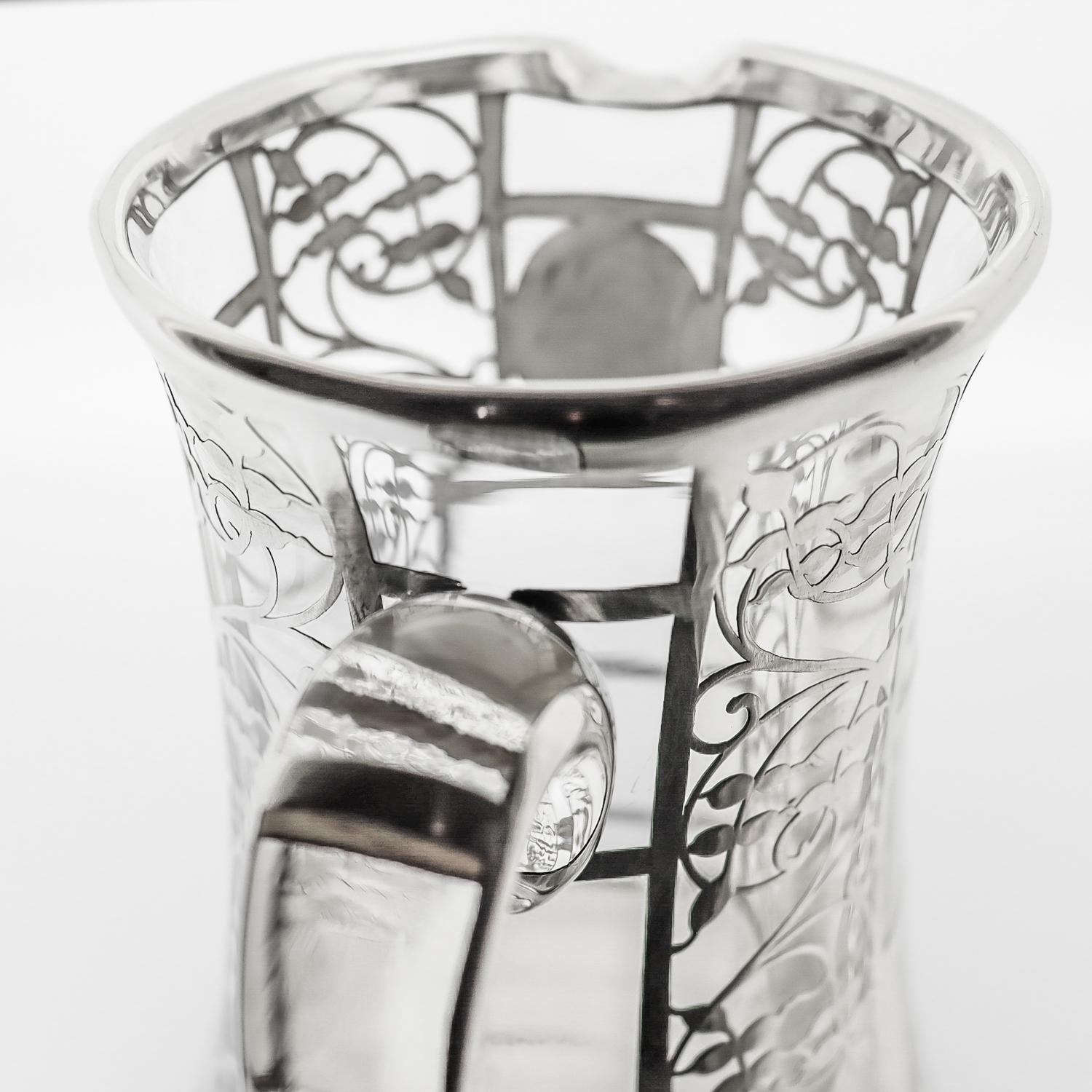 Antique American Art Deco Sterling Silver Overlay Glass Cocktail / Water Pitcher 7