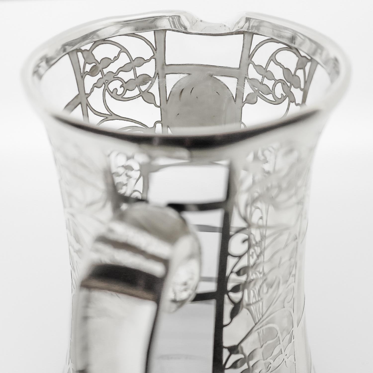 Antique American Art Deco Sterling Silver Overlay Glass Cocktail / Water Pitcher 8