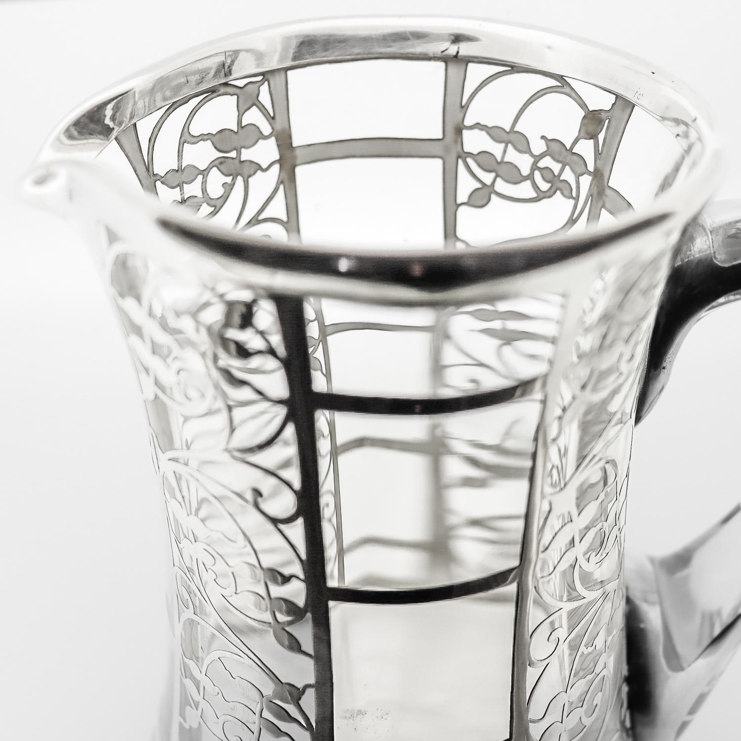 Antique American Art Deco Sterling Silver Overlay Glass Cocktail / Water Pitcher 9
