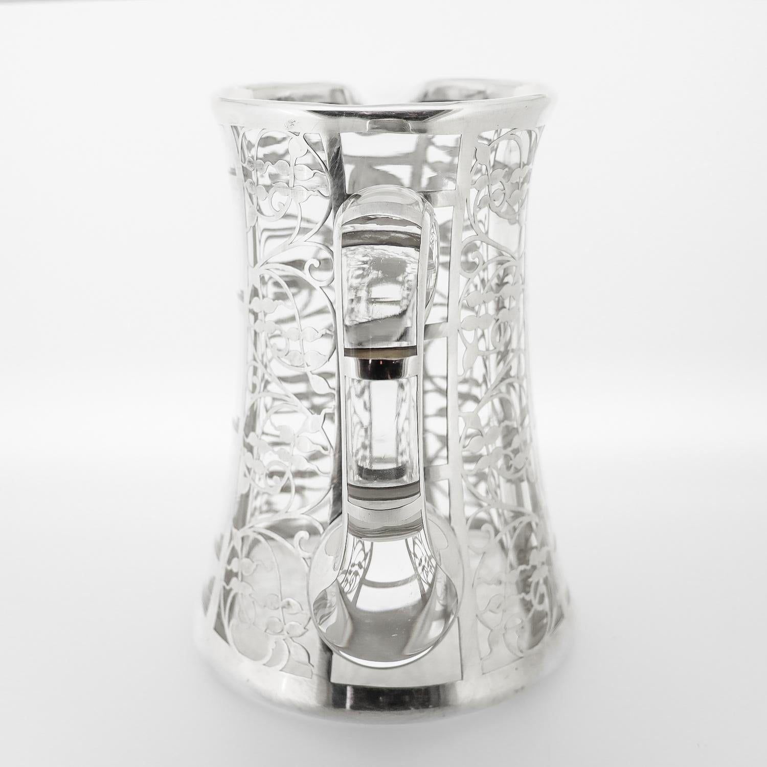 Antique American Art Deco Sterling Silver Overlay Glass Cocktail / Water Pitcher In Good Condition In Philadelphia, PA