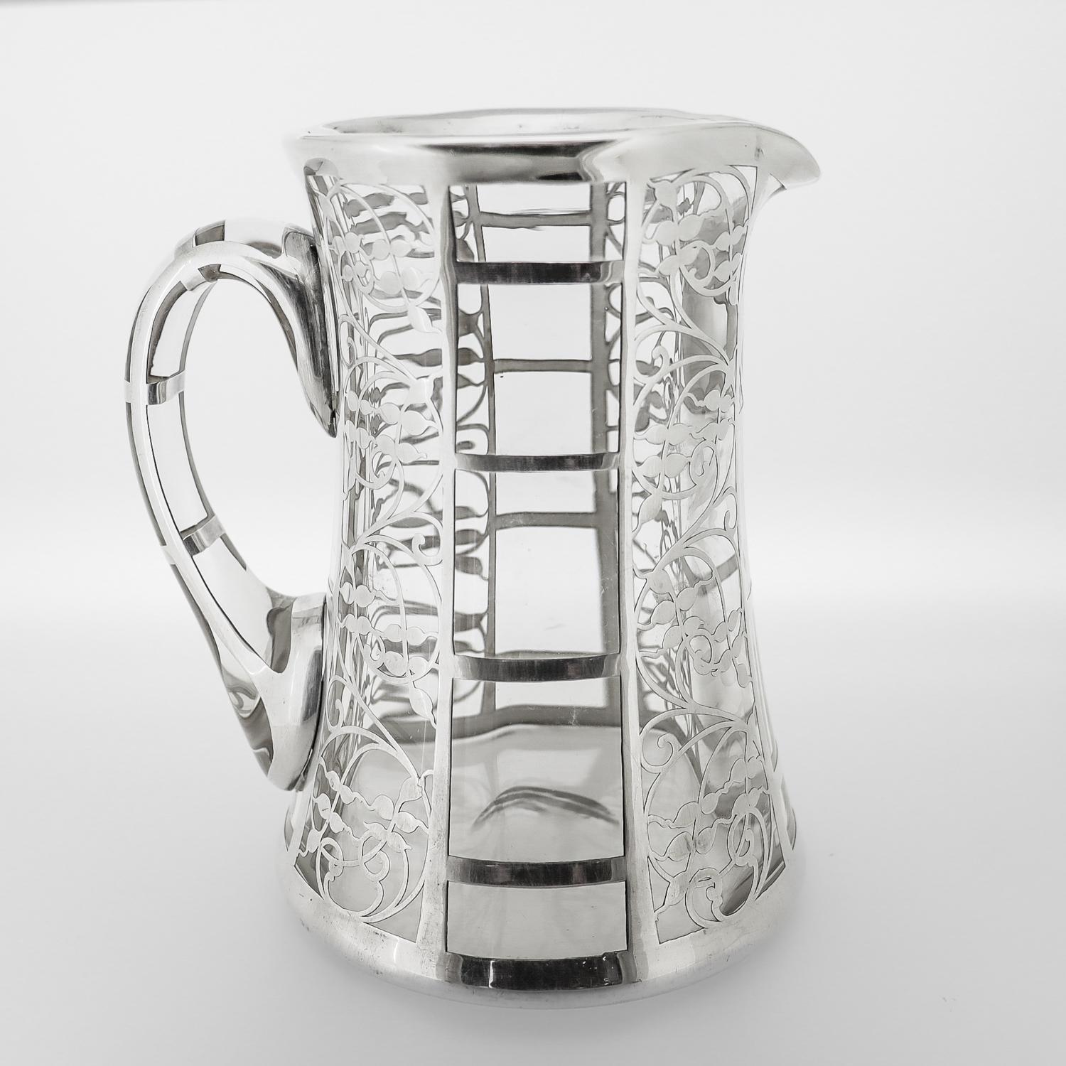 20th Century Antique American Art Deco Sterling Silver Overlay Glass Cocktail / Water Pitcher