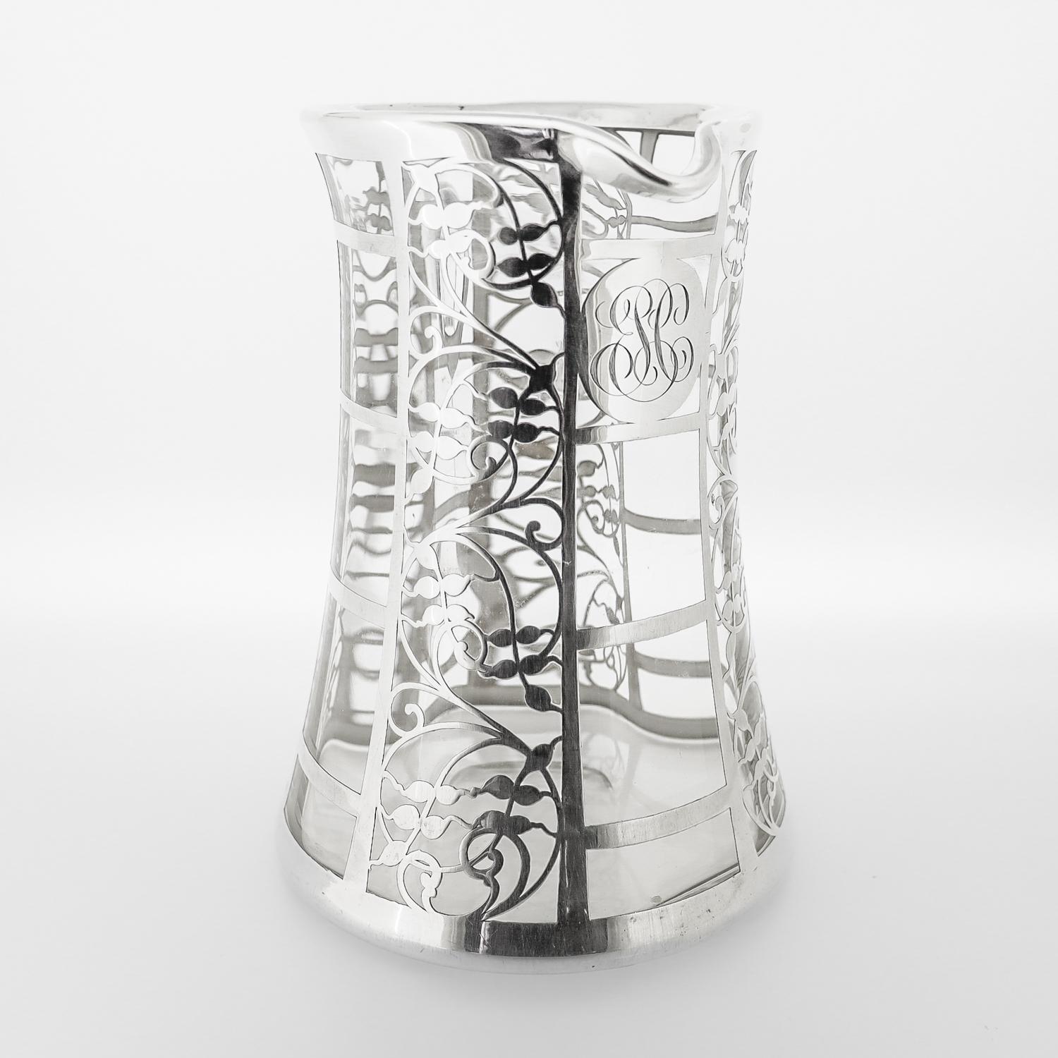 Antique American Art Deco Sterling Silver Overlay Glass Cocktail / Water Pitcher 1