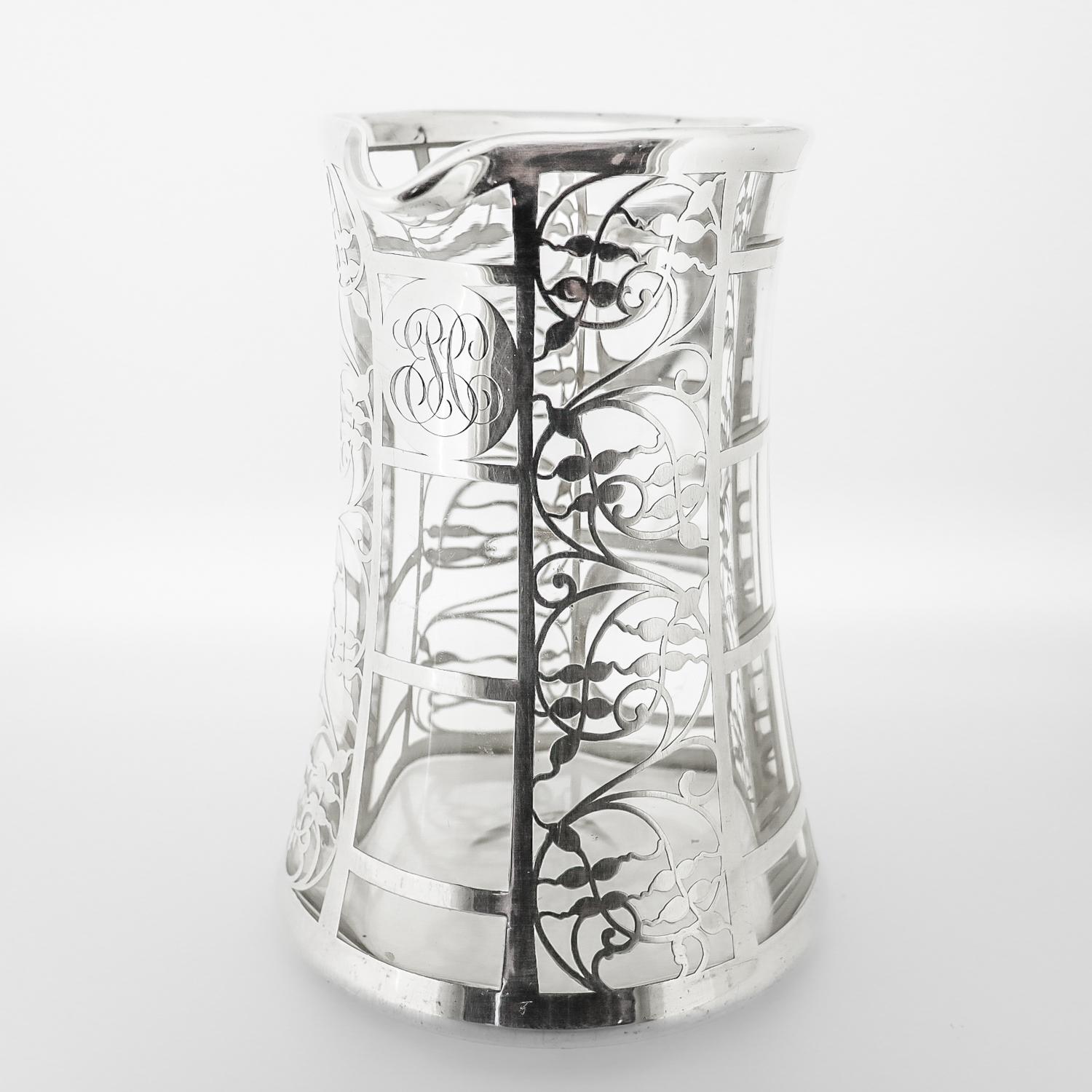 Antique American Art Deco Sterling Silver Overlay Glass Cocktail / Water Pitcher 2