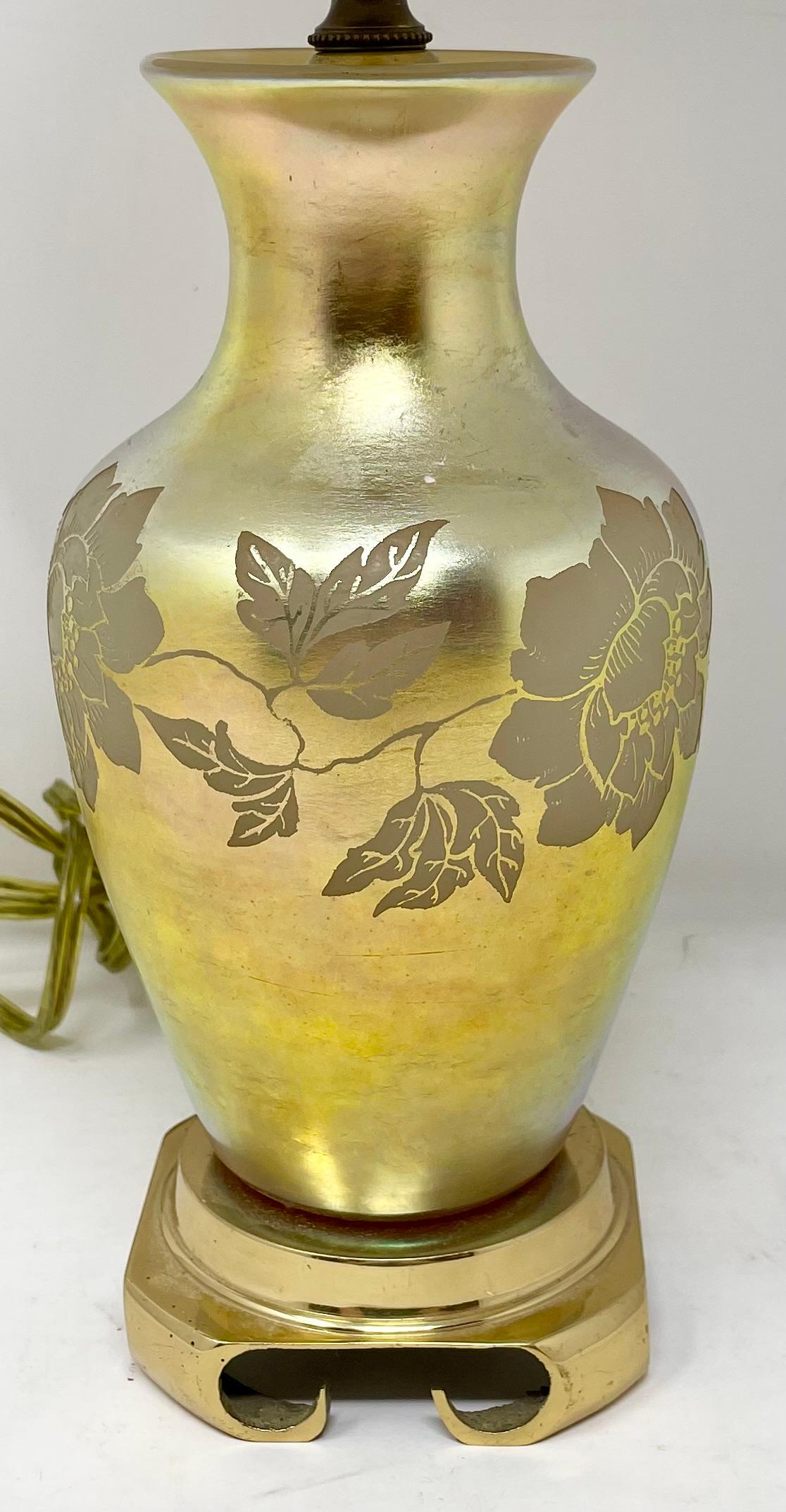 Antique American Art Deco Steuben Acid-Cut Glass Lamp with Gold, Circa 1910's-1920's.