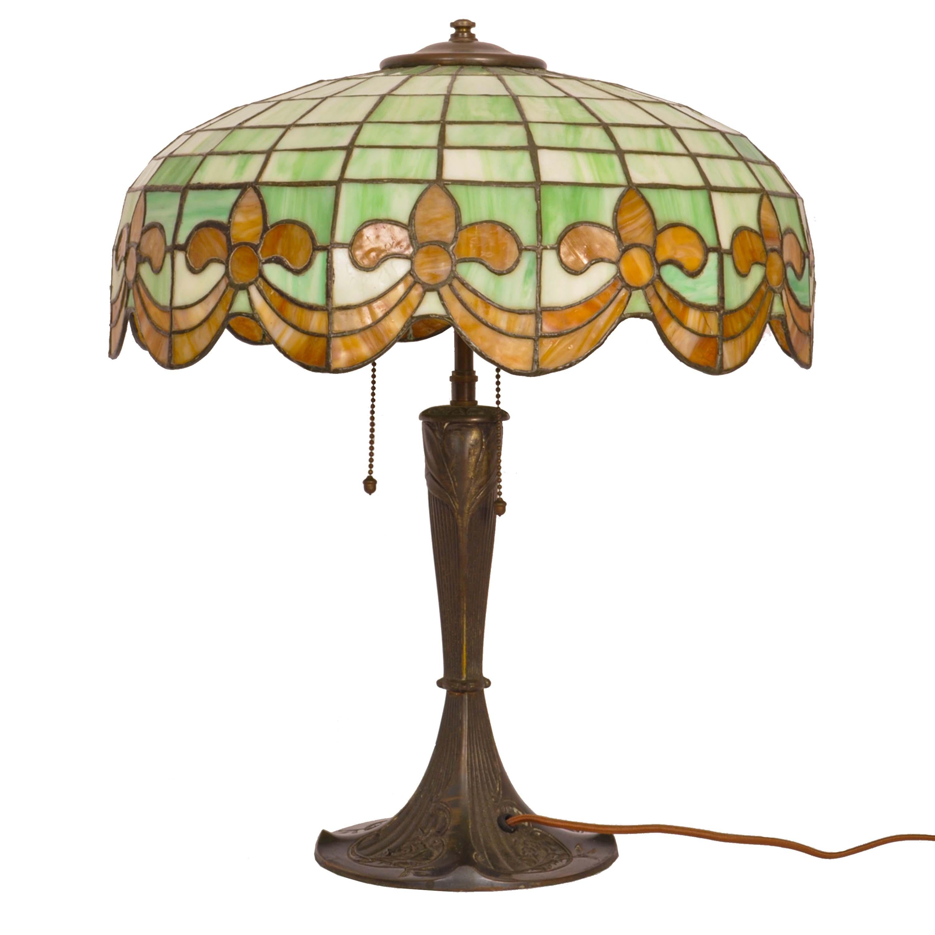 Antique American Art Nouveau Bronze & Leaded Glass Table Lamp by Wilkinson, 1910 In Good Condition For Sale In Portland, OR